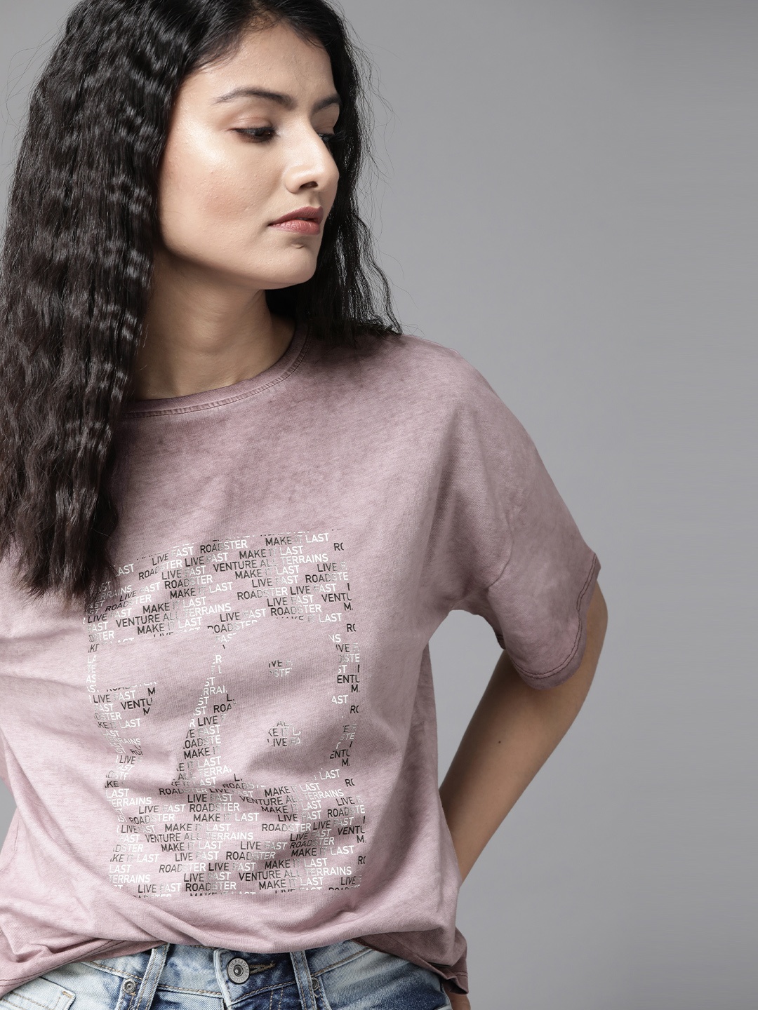 

Roadster Women Mauve Printed Cotton Round Neck T-shirt