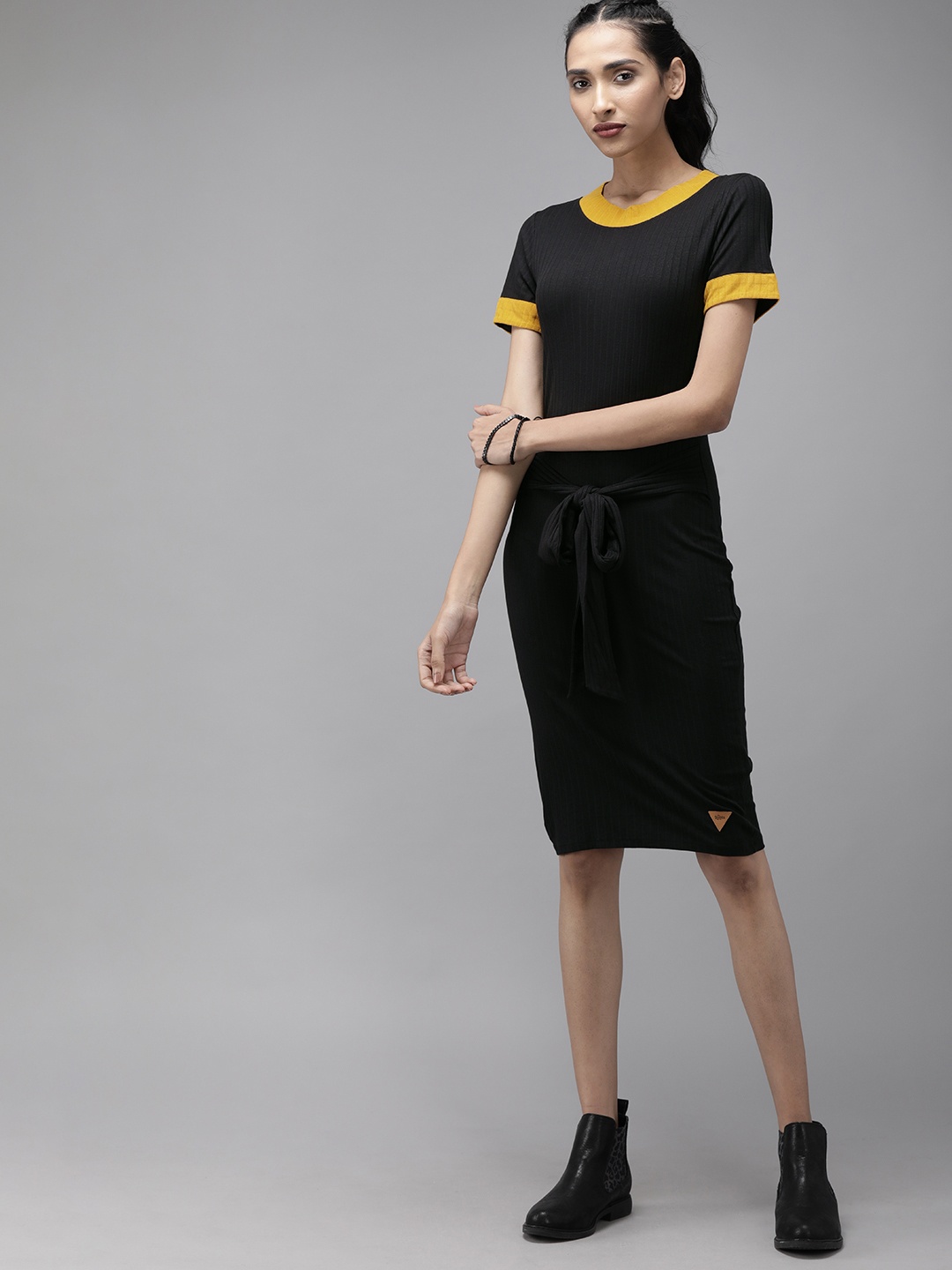 

Roadster Women Black Solid T-shirt Dress with Tie-up Detail