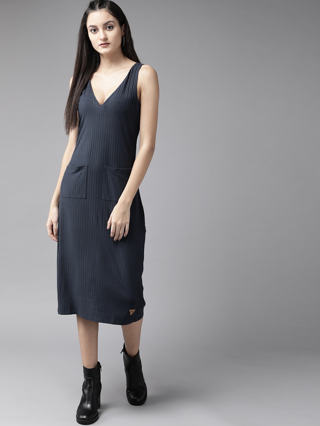 

Roadster Women Navy Blue Ribbed A-Line Dress