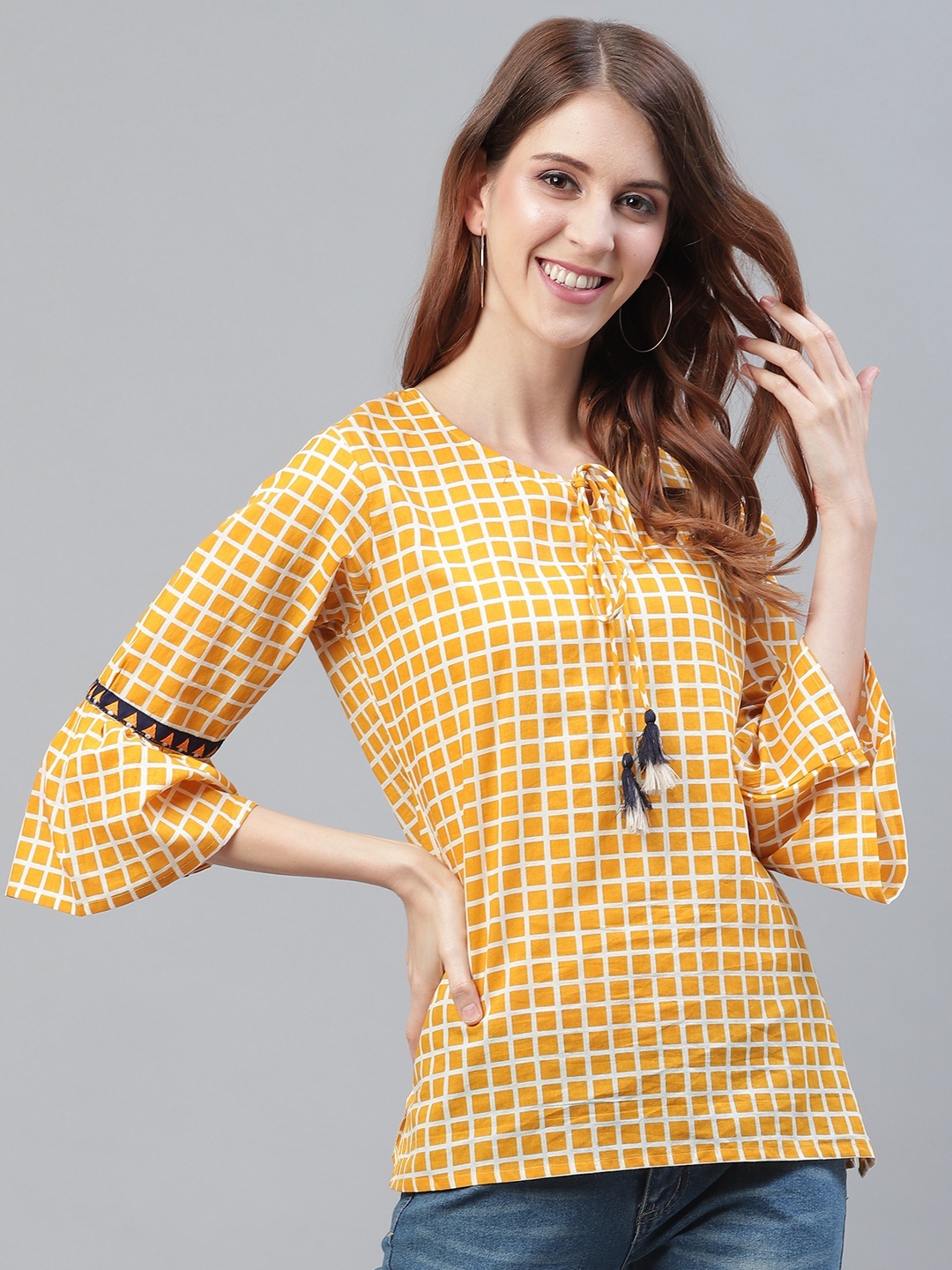 

Azira Women Mustard Yellow & White Checked Pure Cotton Top