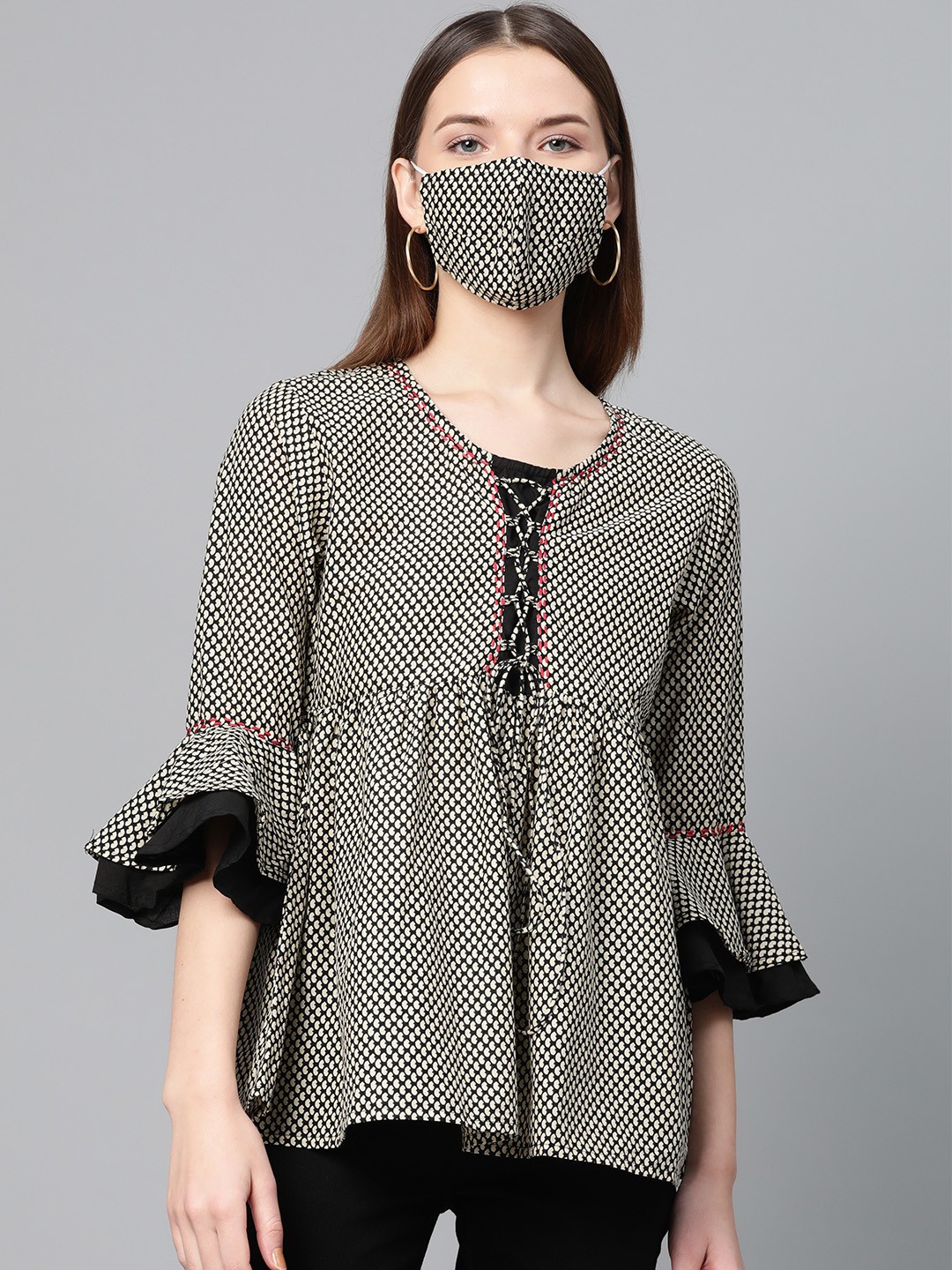 

Azira Women Off-White & Black Printed Empire Pure Cotton Top with Matching Mask