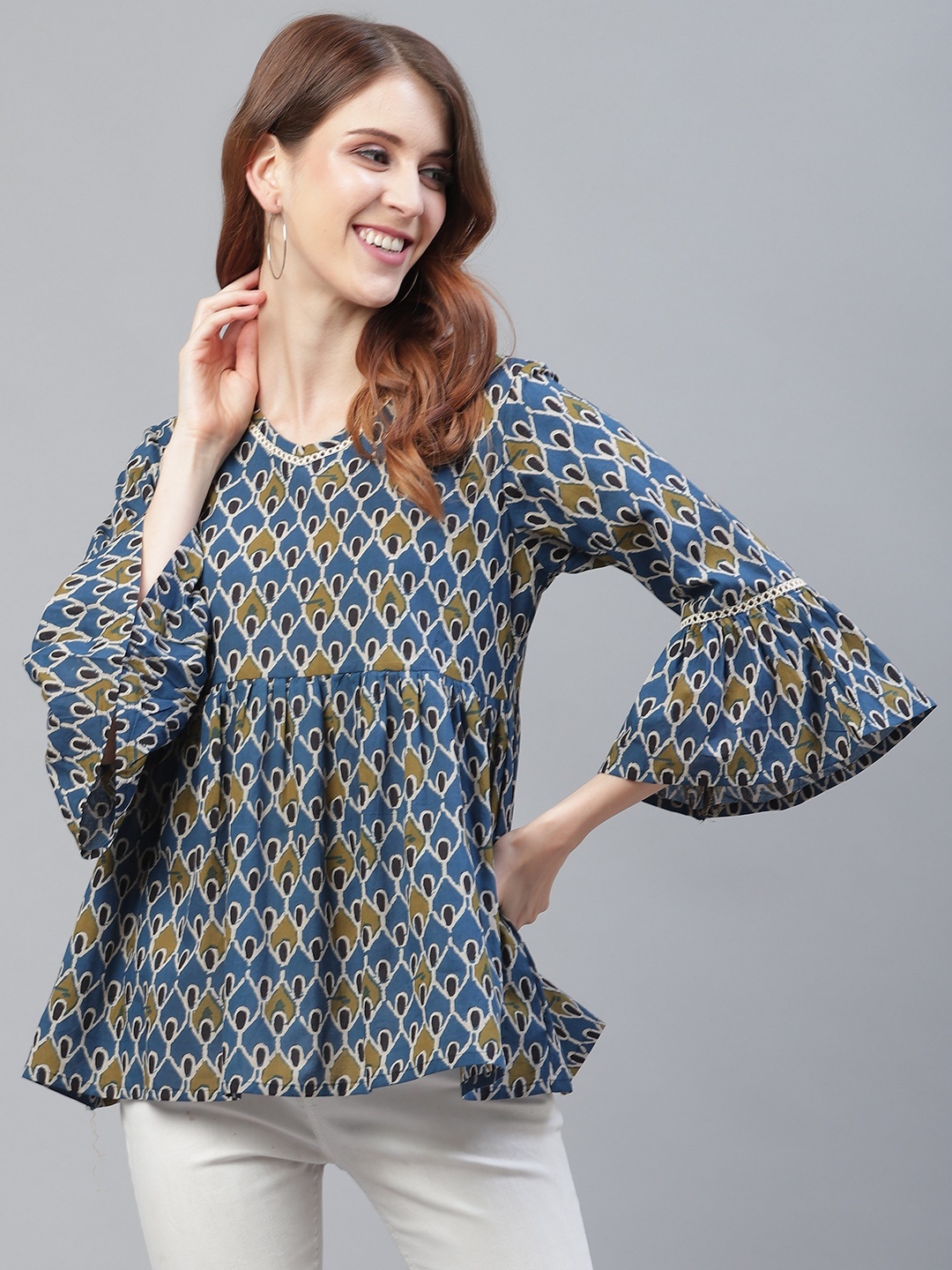 

Azira Women Teal Blue & Olive Green Printed Empire Pure Cotton Top