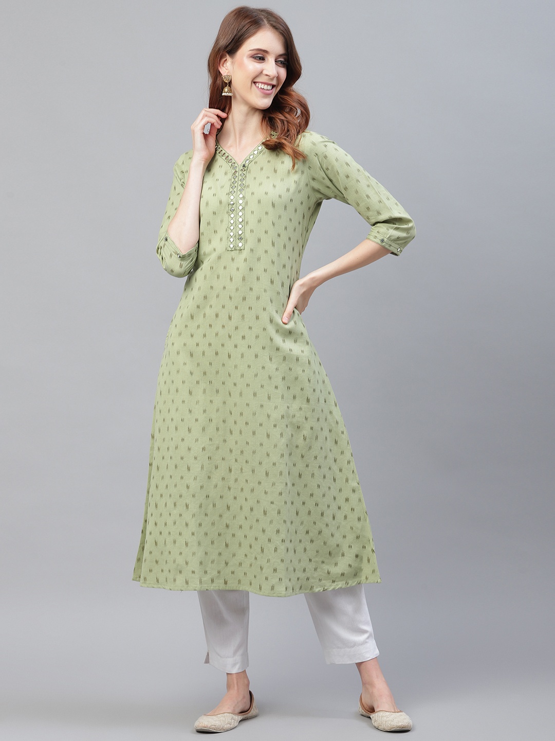 

Azira Women Green & Grey Ikat Print A-Line Kurta