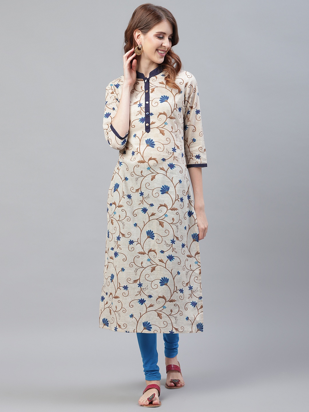 

Azira Women Beige & Blue Printed Straight Kurta
