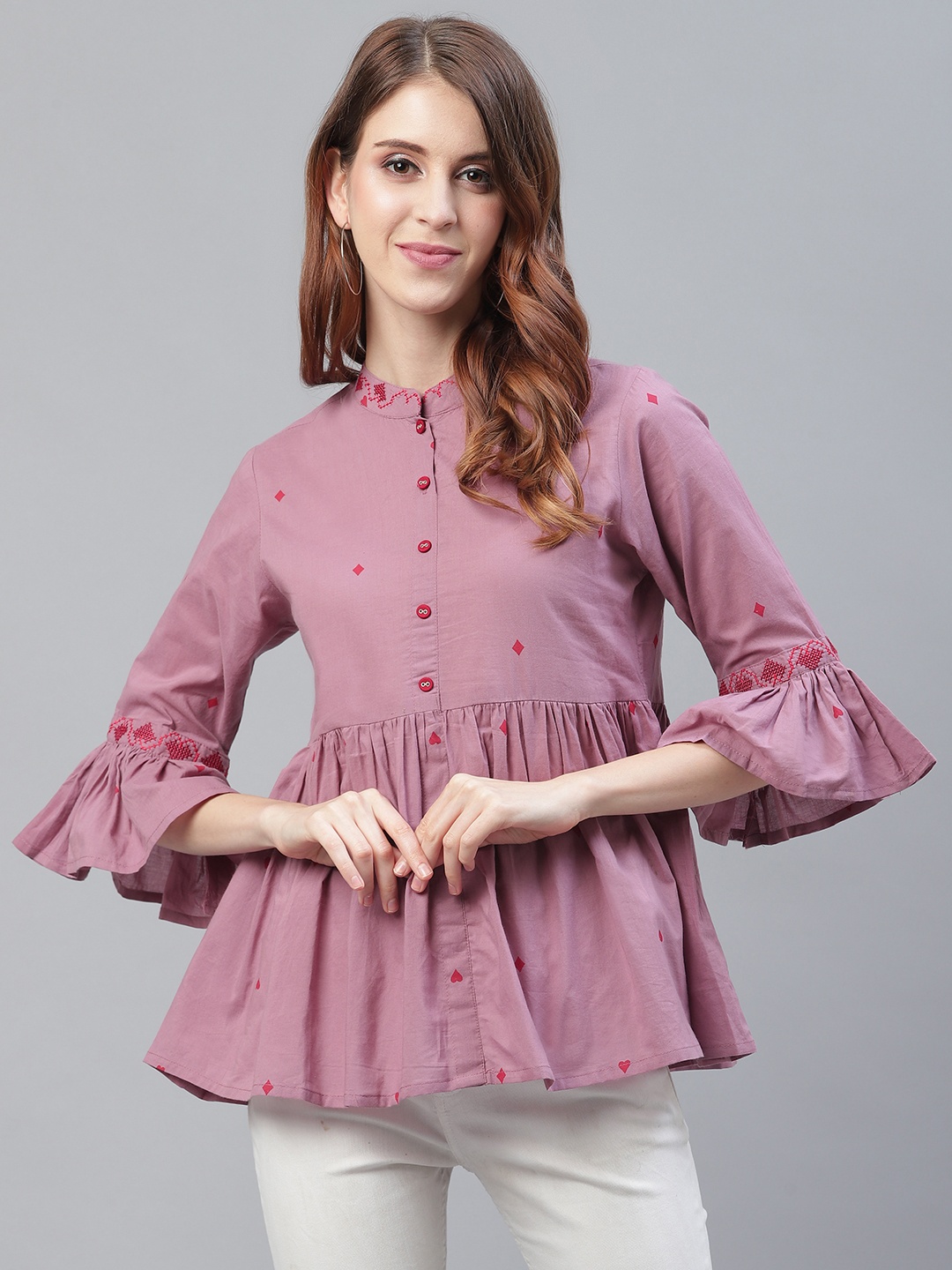 

Azira Women Mauve & Red Printed A-Line Pure Cotton Top