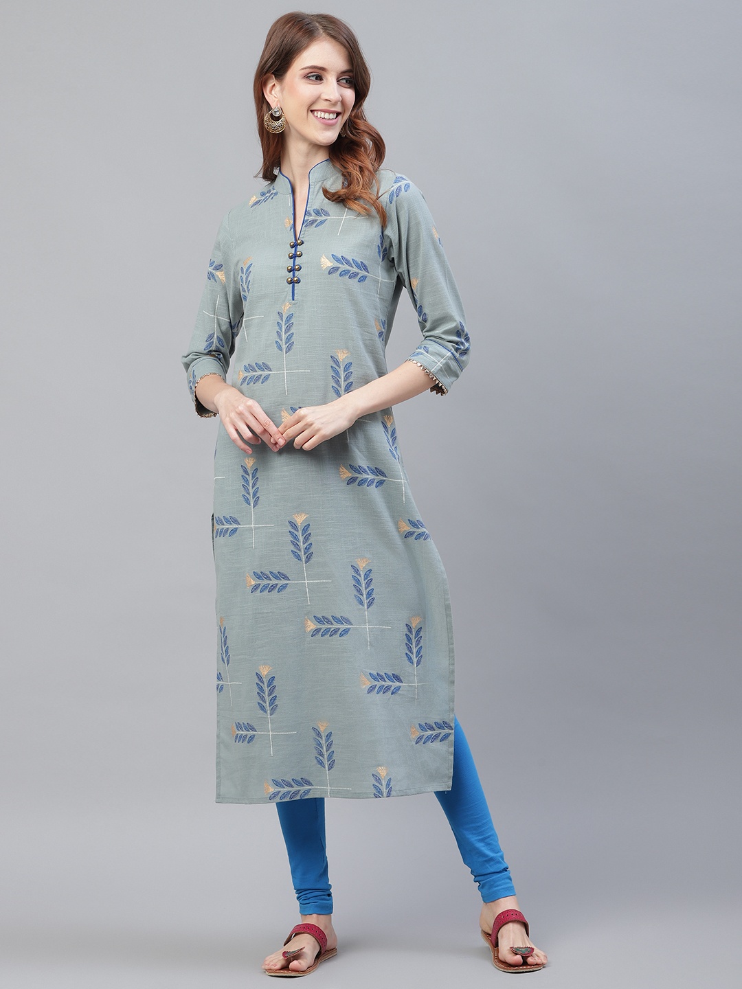 

Azira Women Grey & Blue Printed Straight Kurta