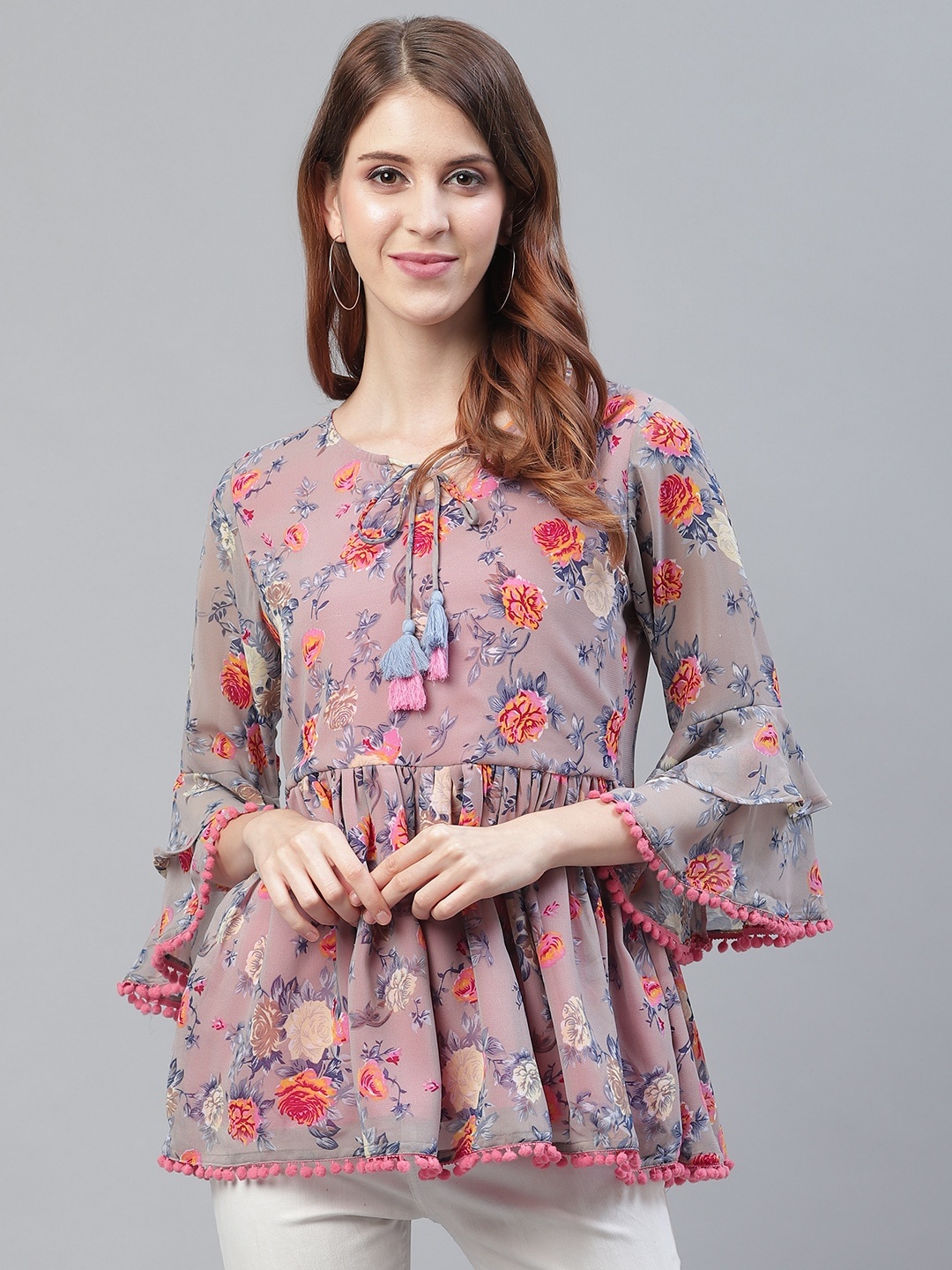 

Azira Women Grey & Pink Floral Print A-Line Top