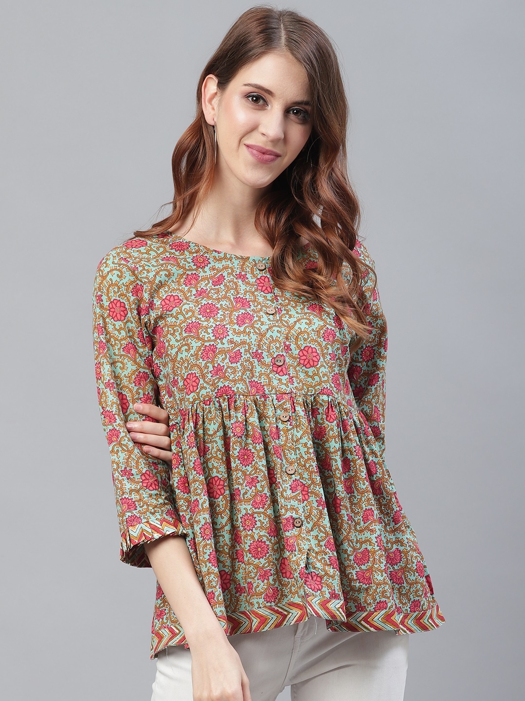

Azira Women Green & Pink Floral Print Empire Pure Cotton Top