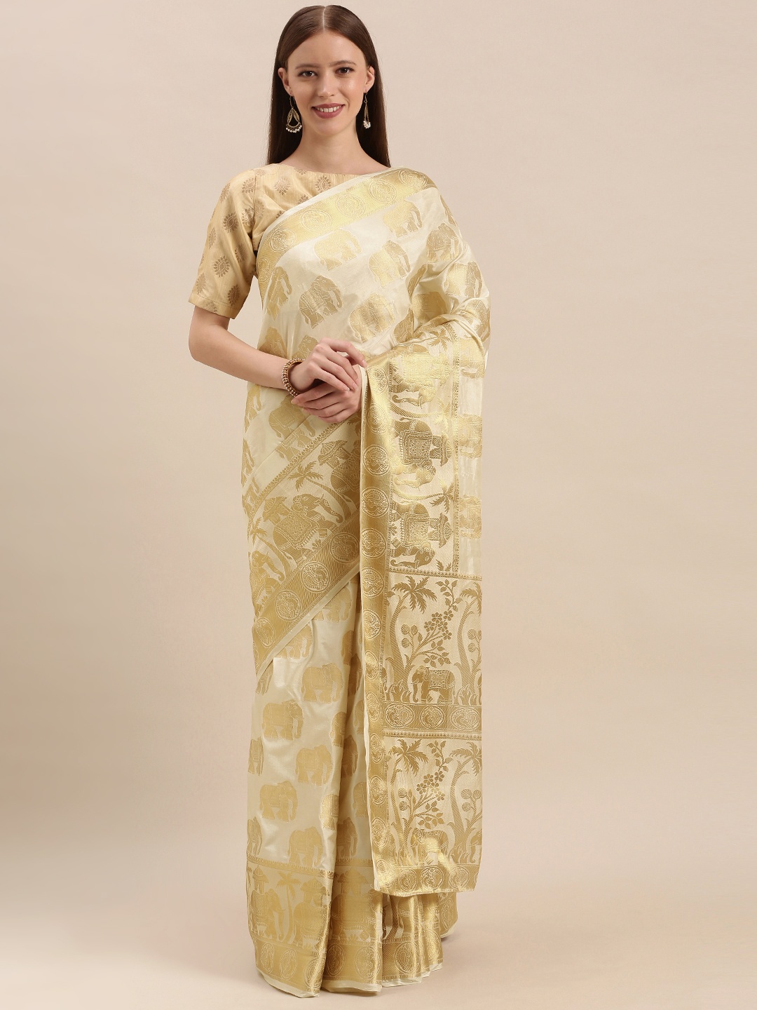 

MIMOSA Cream-Coloured & Gold-Toned Art Silk Woven Design Kasavu Saree