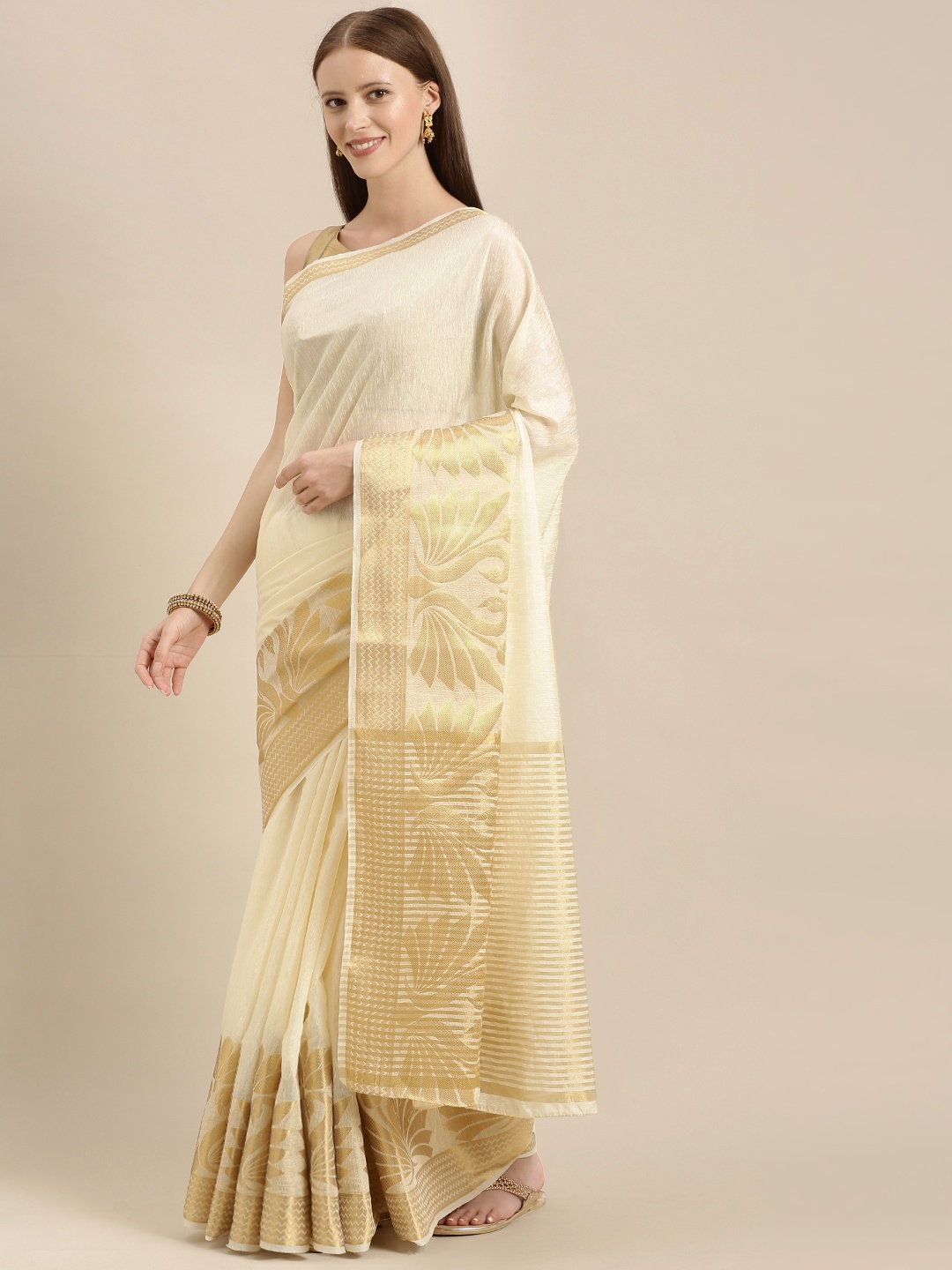 

MIMOSA Cream-Coloured & Golden Linen Blend Solid Kasavu Saree