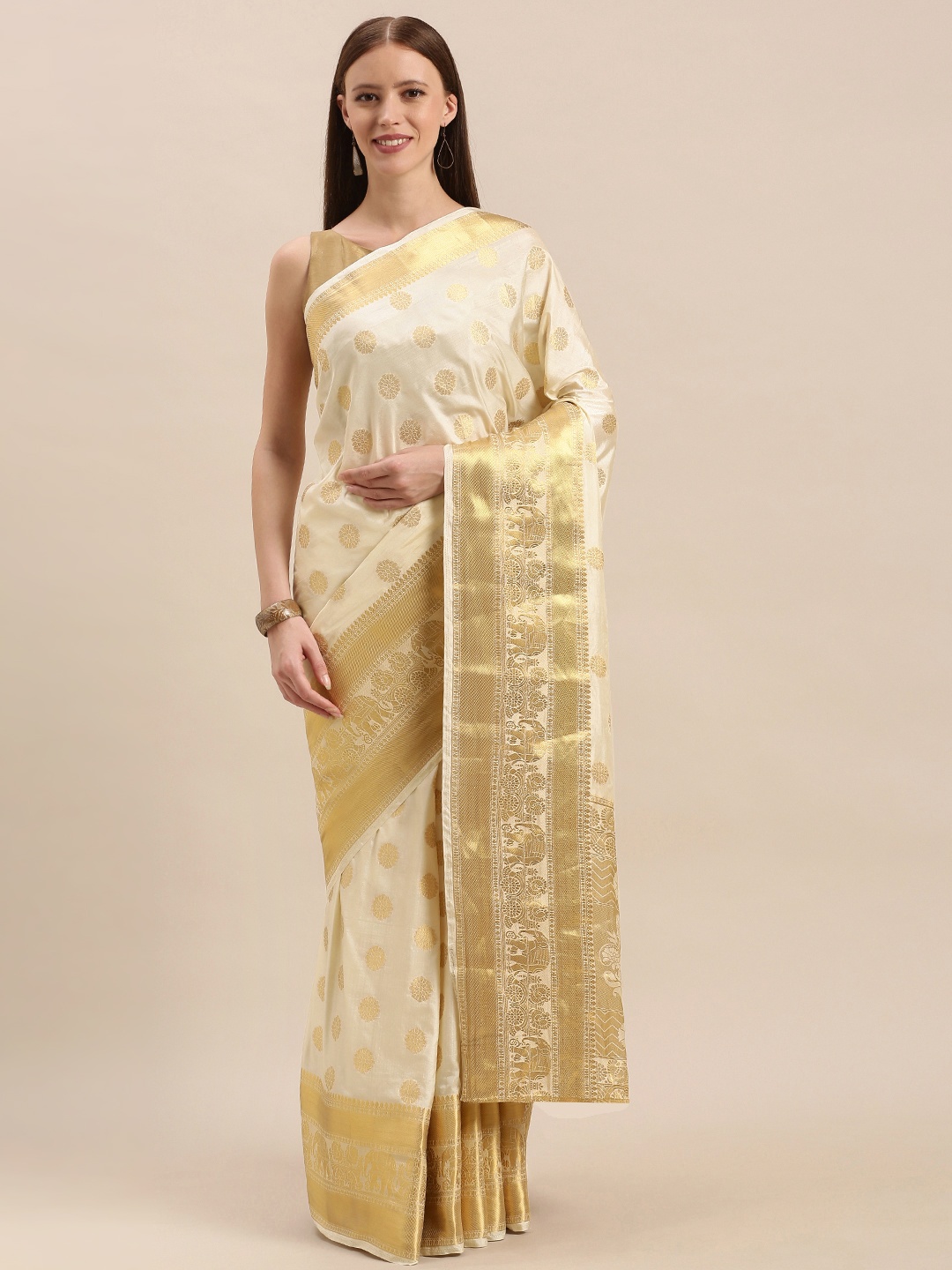 

MIMOSA Cream-Coloured & Gold-Toned Art Silk Woven Design Kasavu Saree