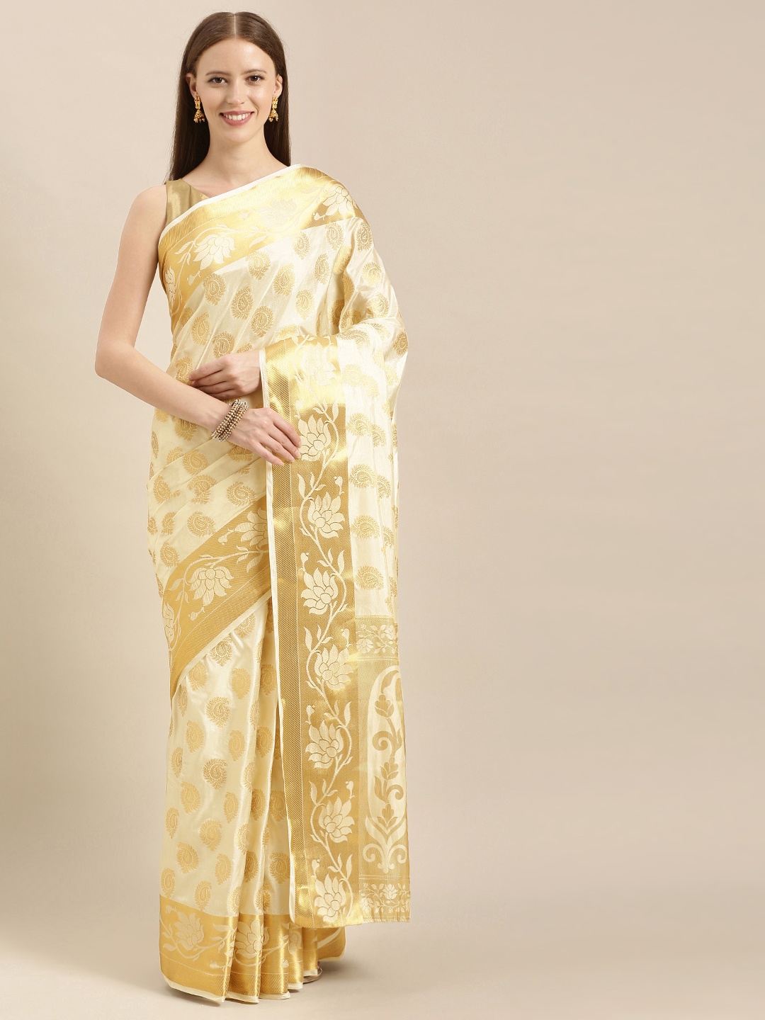 

MIMOSA Cream-Coloured & Gold-Toned Art Silk Woven Design Kasavu Saree