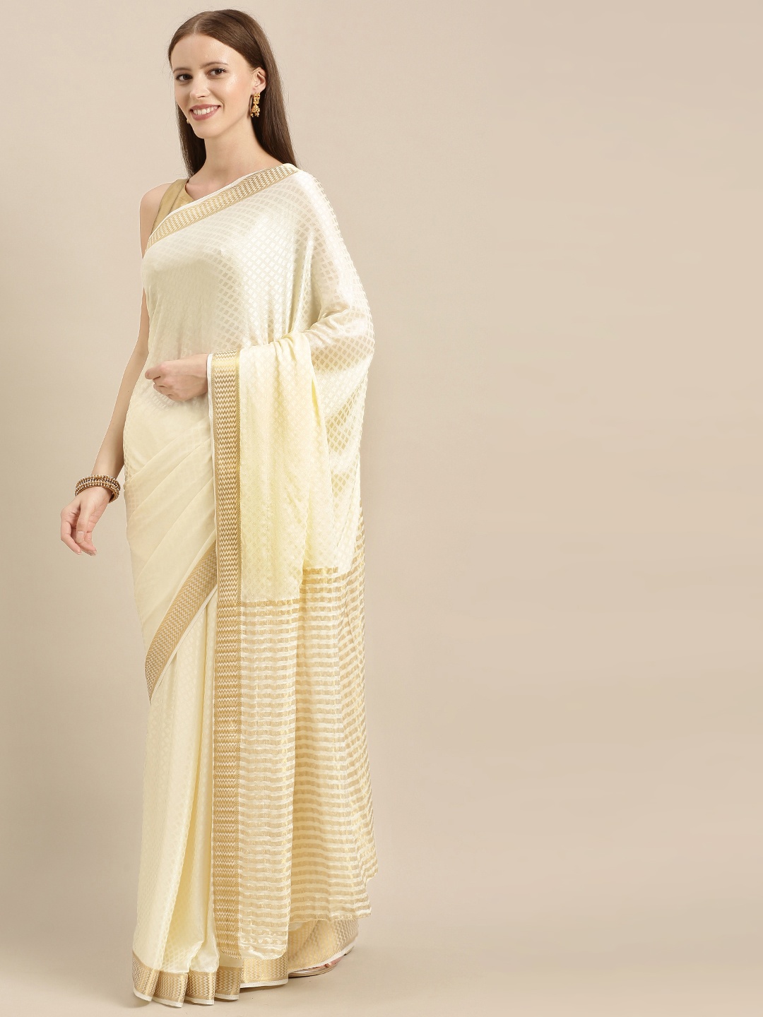 

MIMOSA Cream-Coloured Poly Crepe Woven Design Kasavu Saree