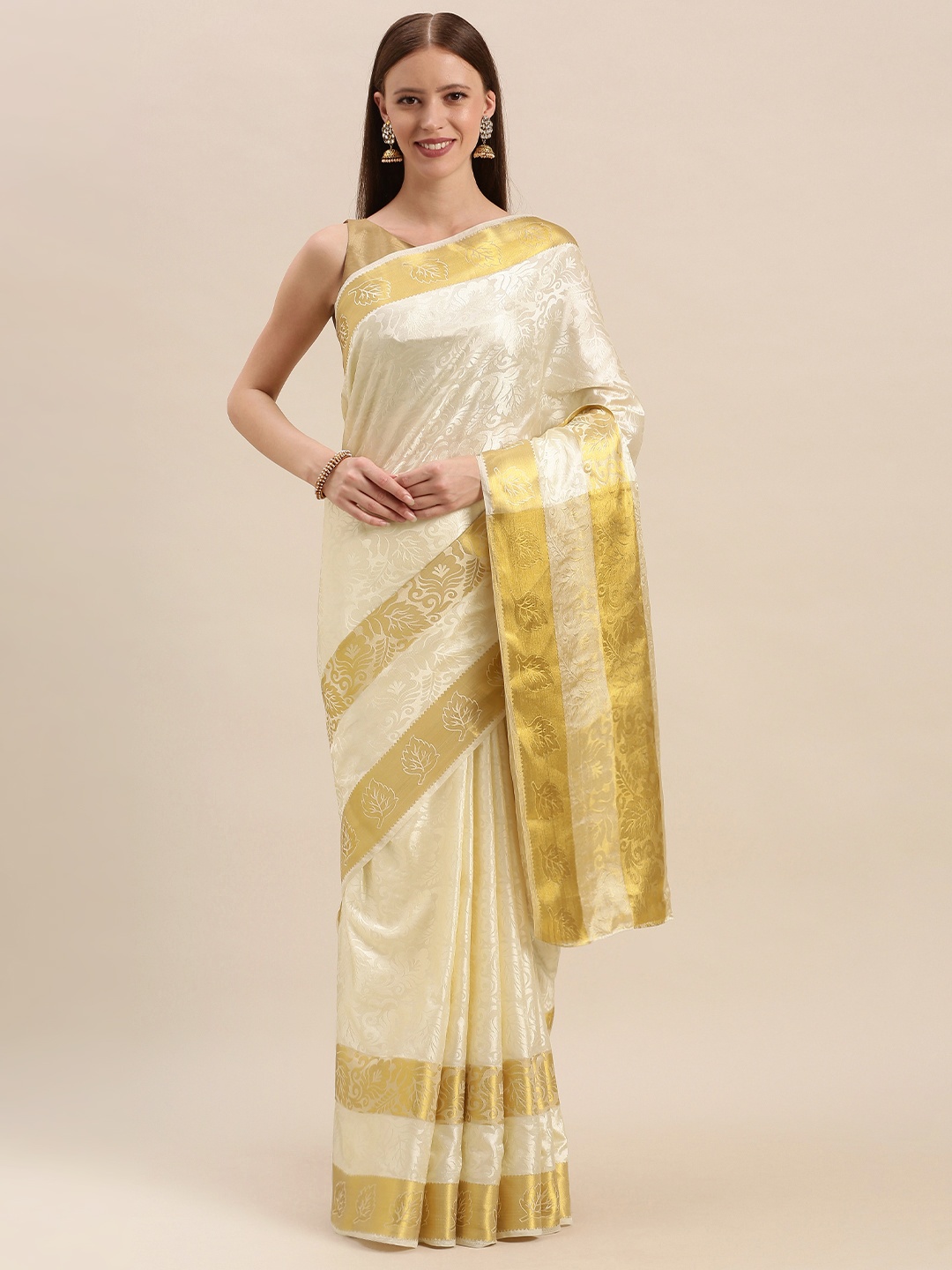 

MIMOSA Cream-Coloured & Gold-Toned Art Silk Woven Design Kasavu Saree