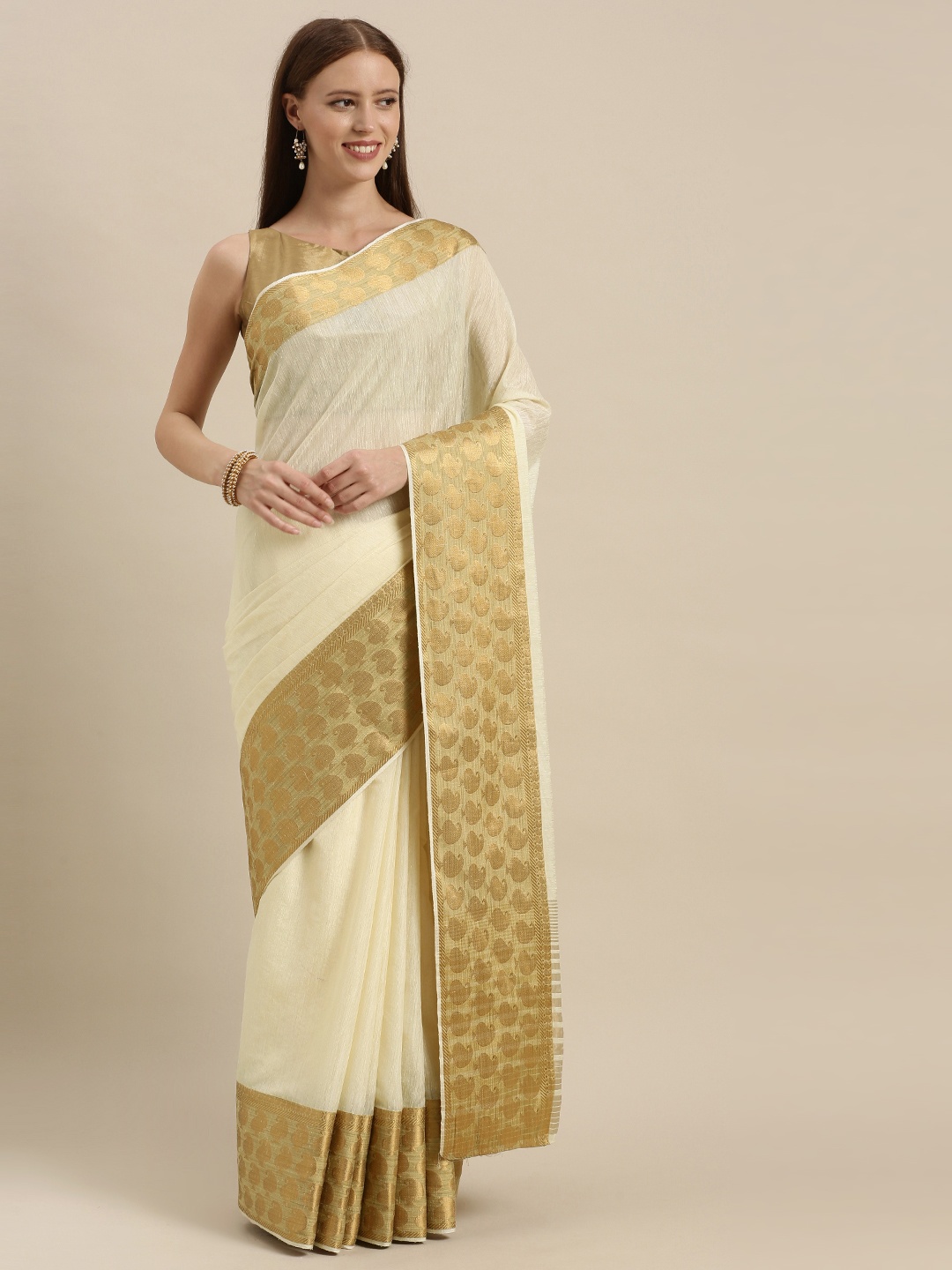 

MIMOSA White & Gold-Toned Linen Blend Solid Kasavu Saree