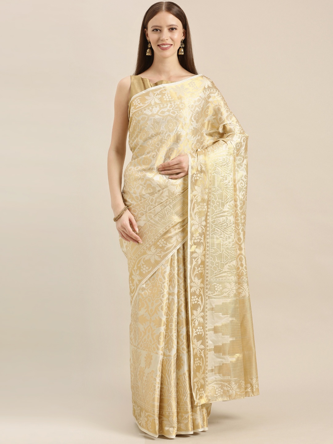 

MIMOSA Cream-Coloured & Gold-Toned Art Silk Woven Design Kasavu Saree