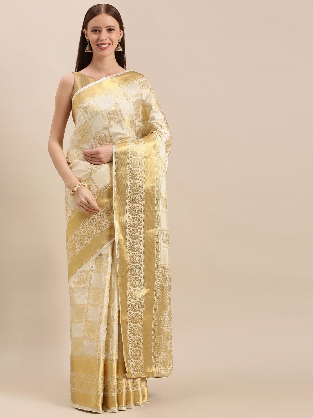 

MIMOSA Cream-Coloured & Gold-Toned Art Silk Woven Design Kasavu Saree