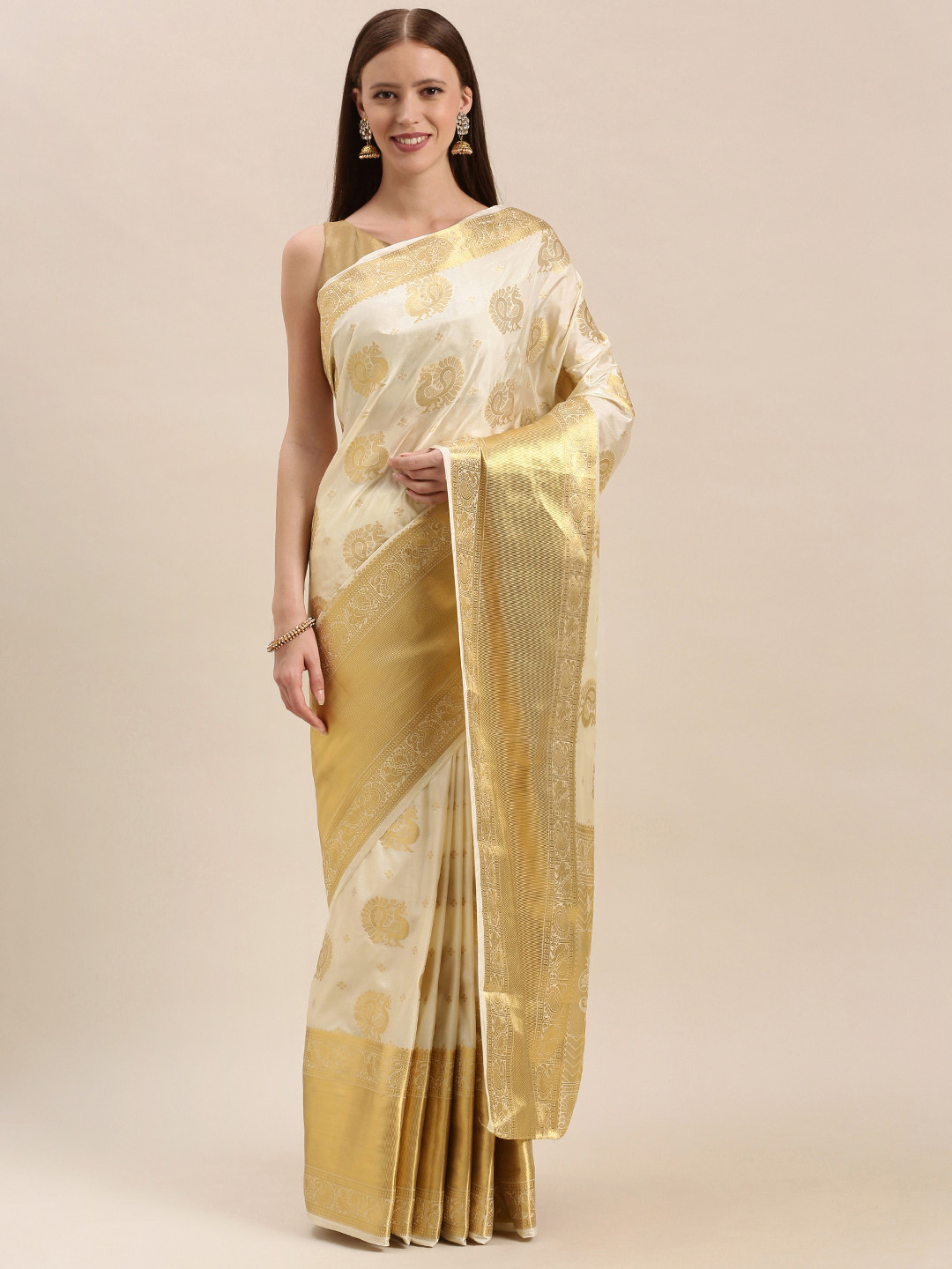 

MIMOSA Cream-Coloured & Gold-Toned Art Silk Woven Design Kasavu Saree