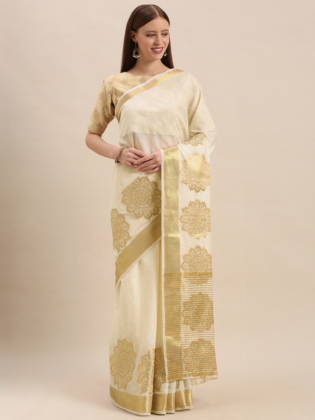 

MIMOSA Cream-Coloured Linen Blend Woven Design Kasavu Saree