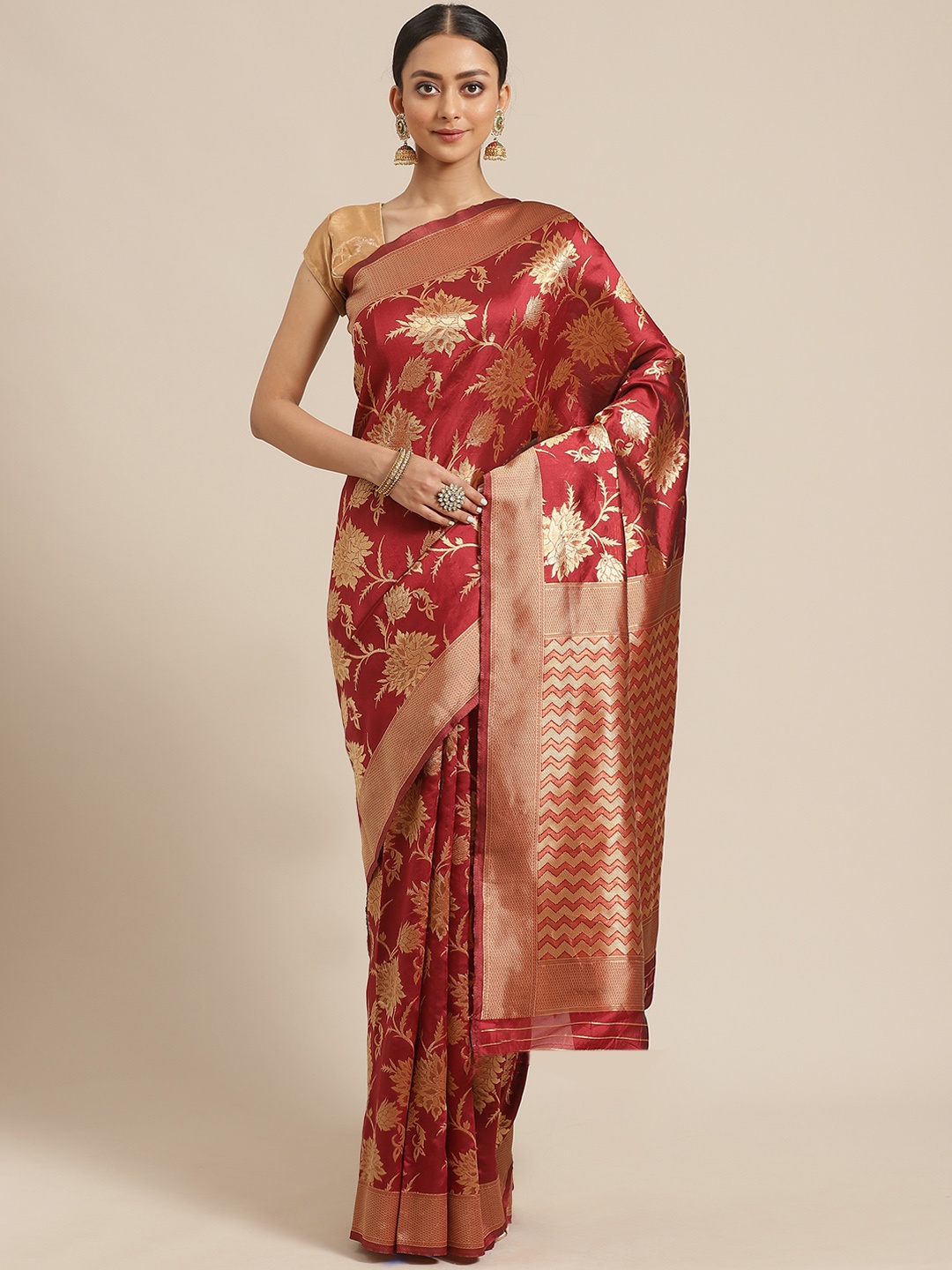 

Mitera Maroon & Golden Zari Woven Design Saree