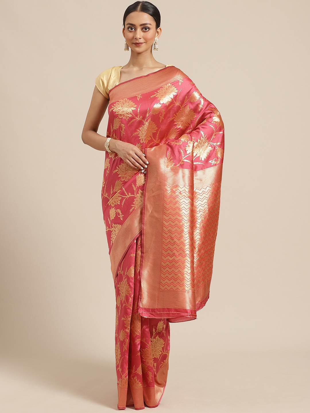 

Mitera Pink & Golden Zari Woven Design Saree