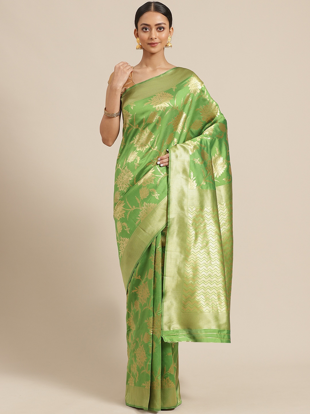 

Mitera Green & Golden Zari Woven Design Saree
