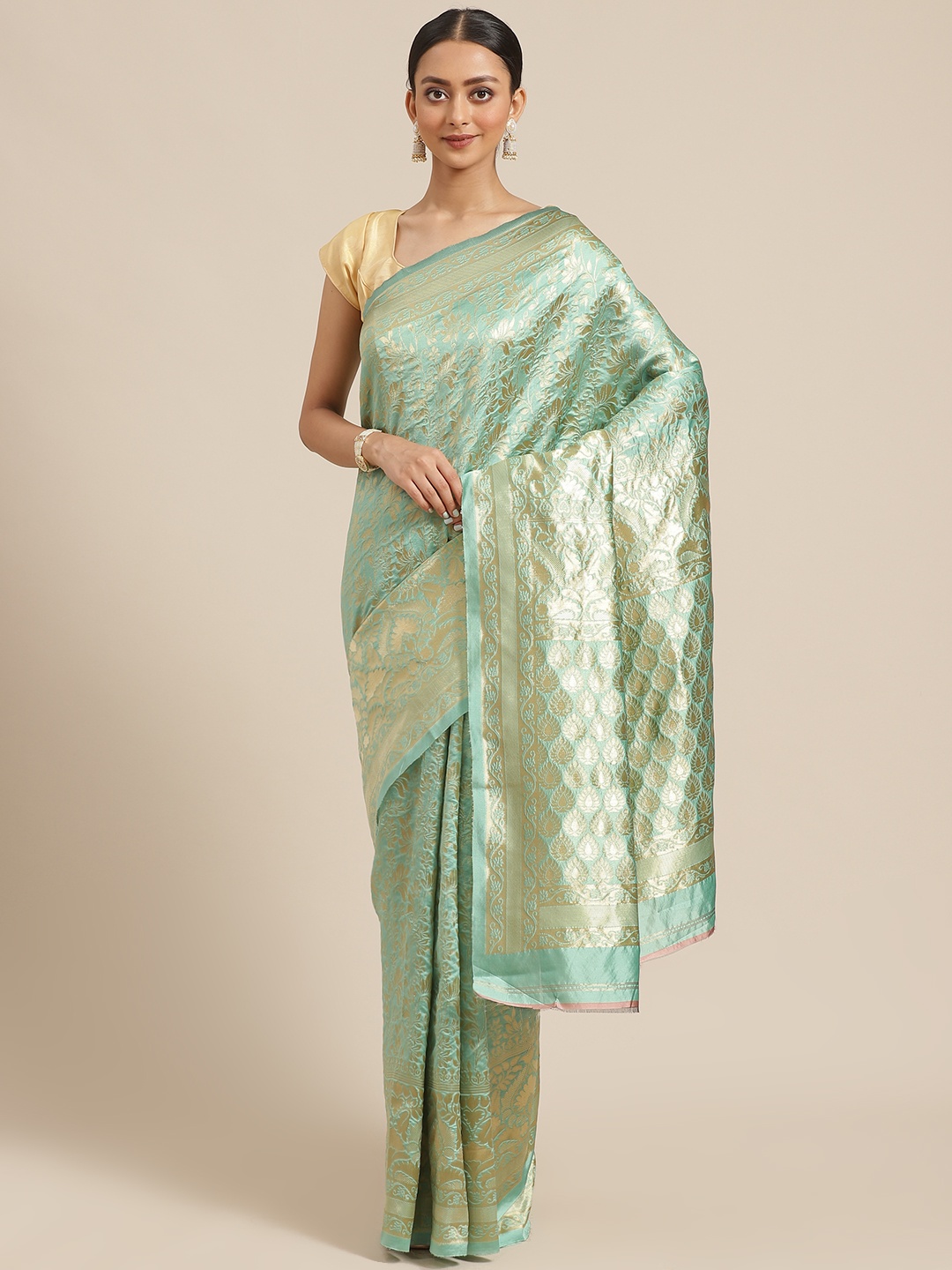 

KALINI Green & Golden Zari Woven Design Saree
