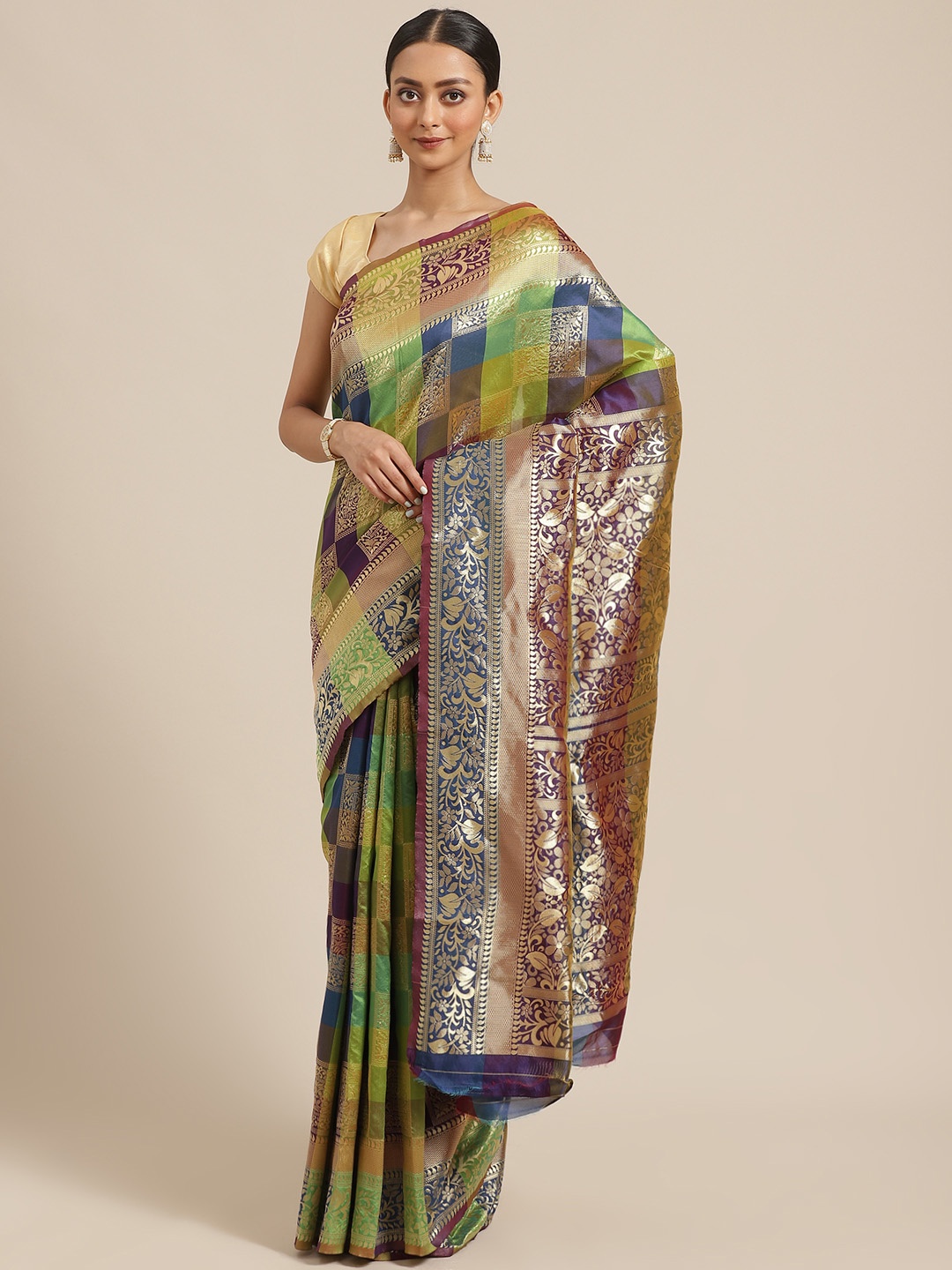 

Mitera Green & Blue Zari Ethnic Checked Saree