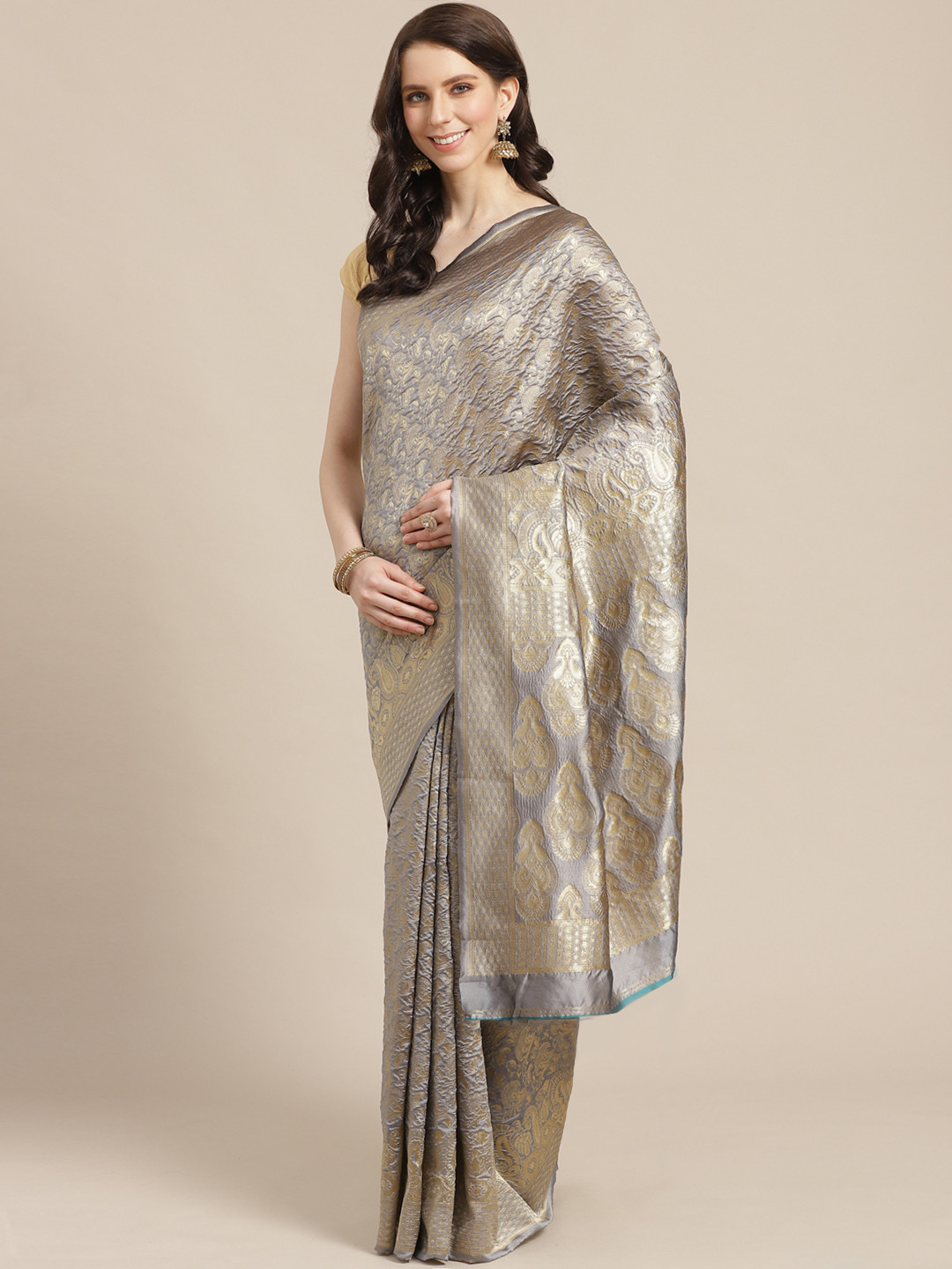 

KALINI Grey & Golden Zari Woven Design Saree