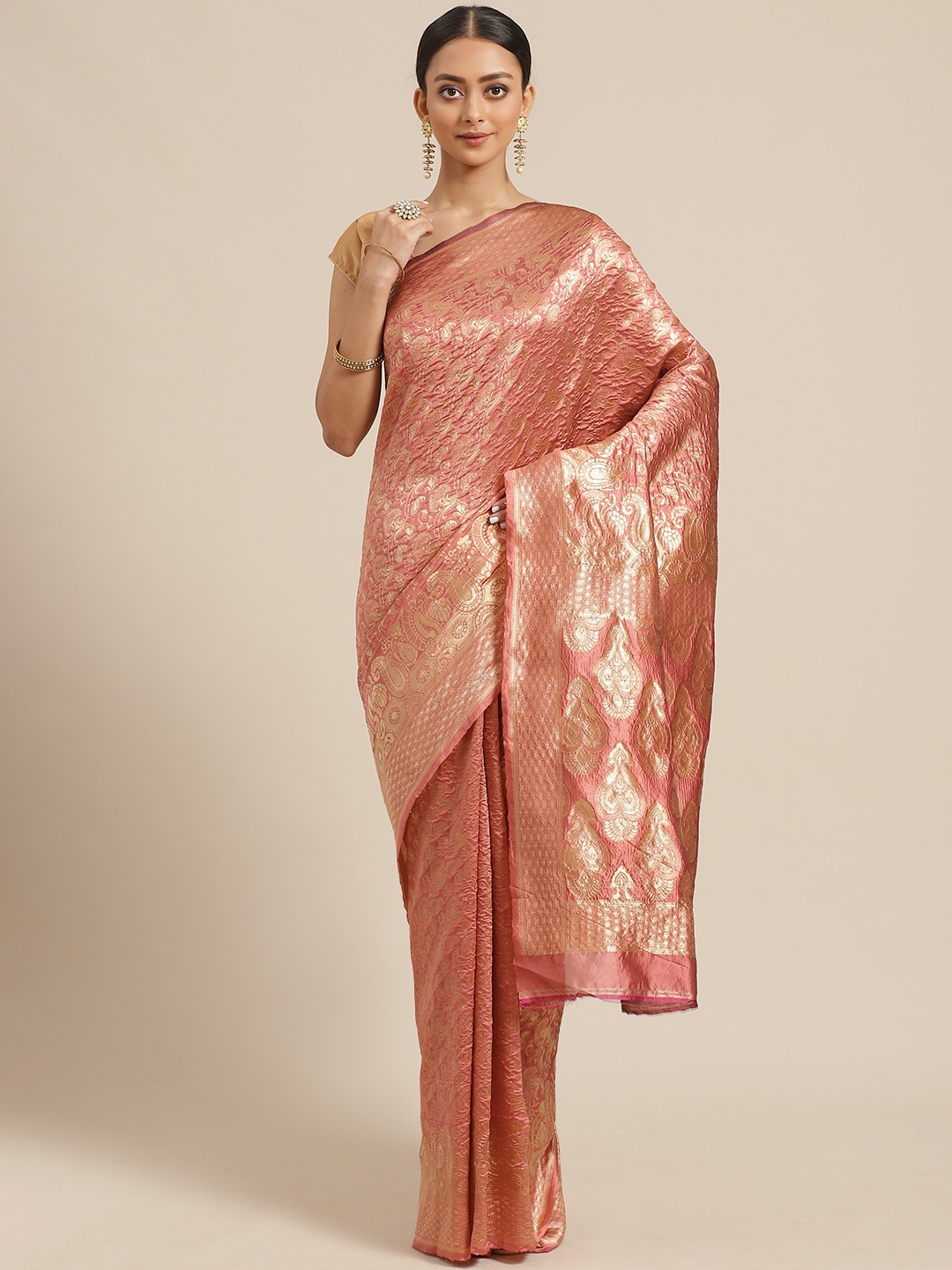 

KALINI Peach-Coloured & Golden Zari Woven Design Saree