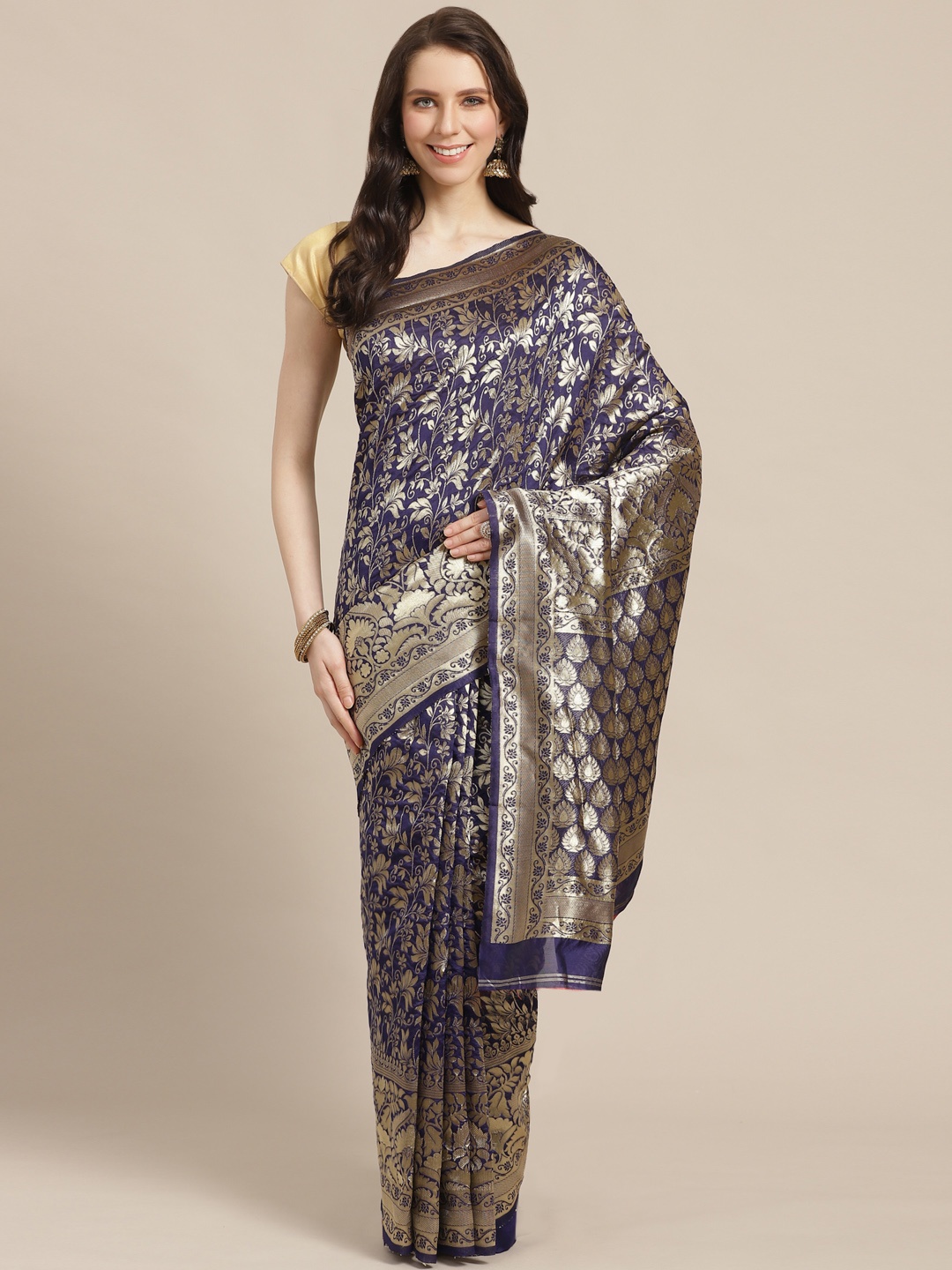 

KALINI Navy Blue & Golden Zari Silk Blend Woven Design Saree