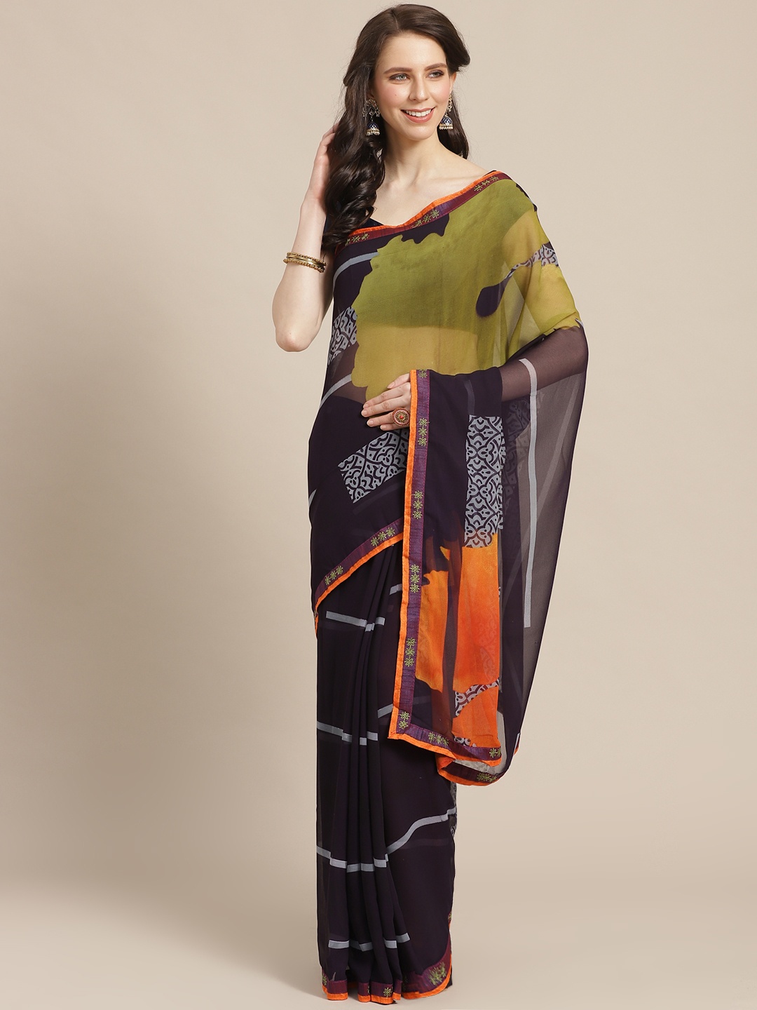 

Mitera Navy Blue & Off-White Printed Saree