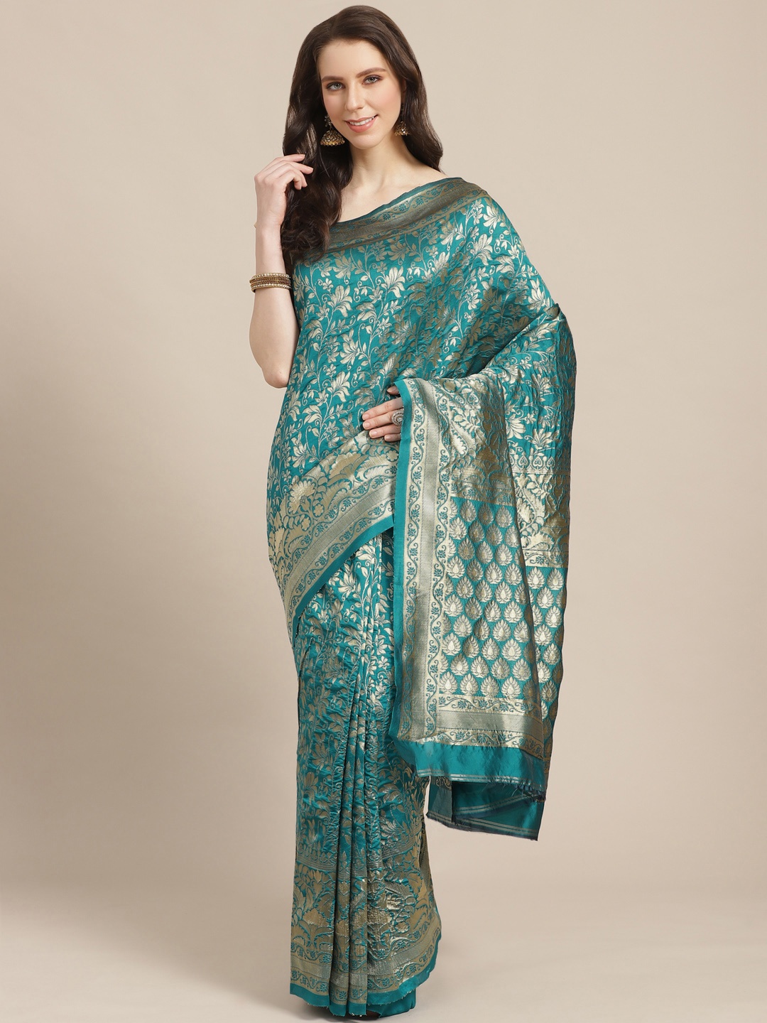 

KALINI Teal Green & Golden Zari Woven Design Saree
