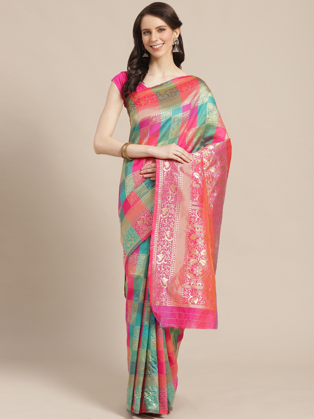 

Mitera Green & Pink Zari Ethnic Checked Saree