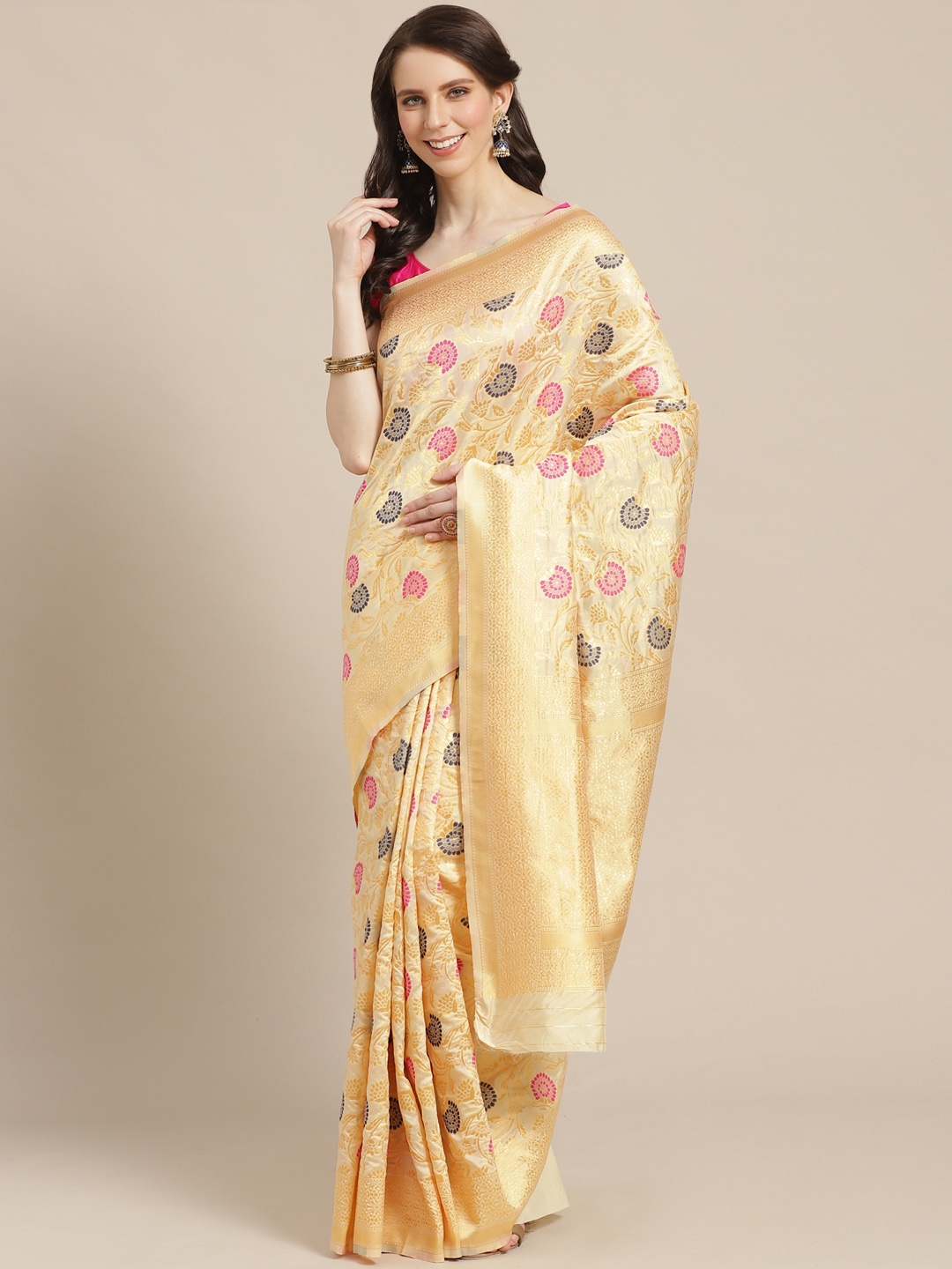 

Mitera Beige & Golden Zari Silk Blend Woven Design Saree