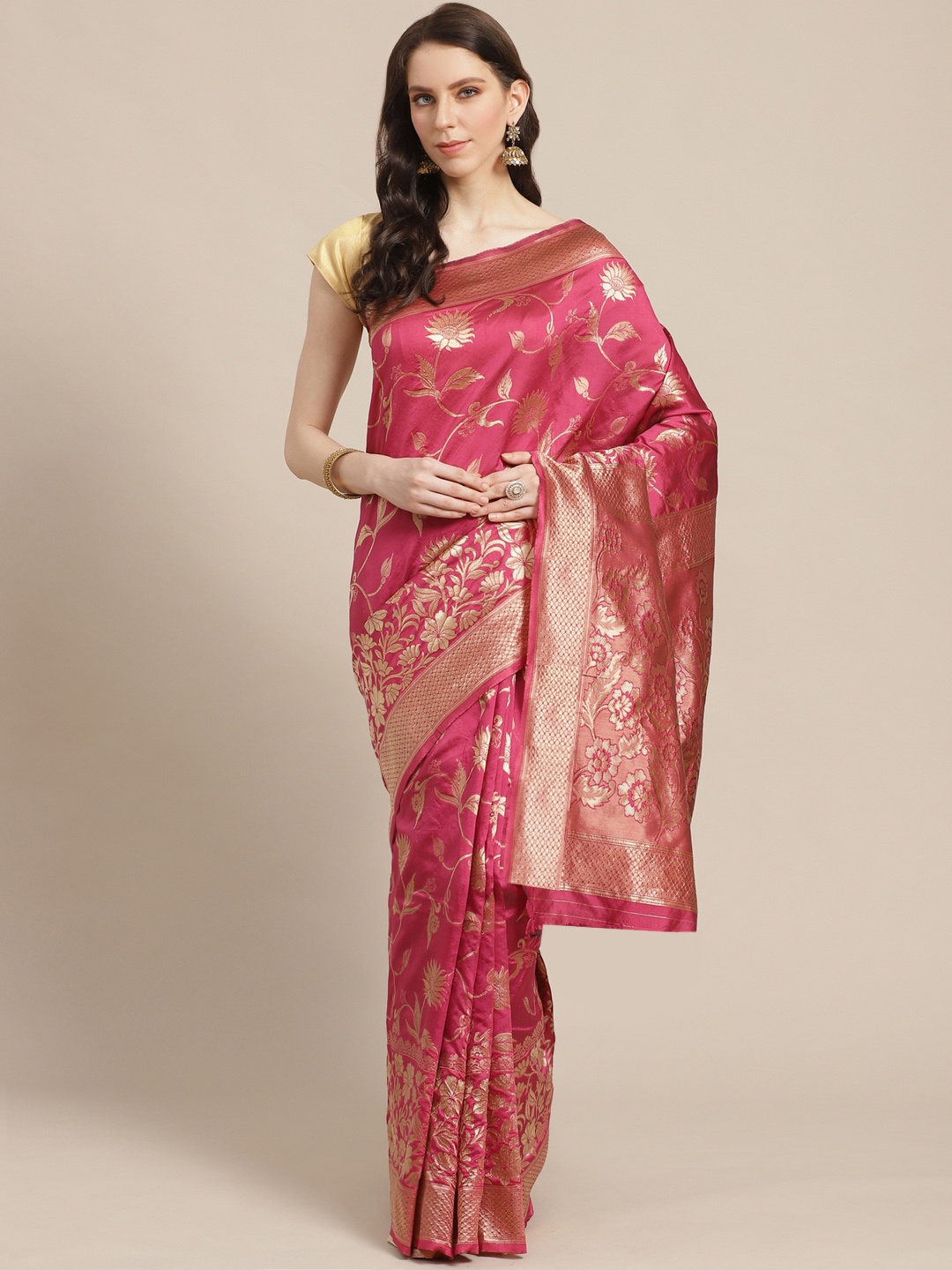 

KALINI Pink & Golden Zari Woven Design Saree