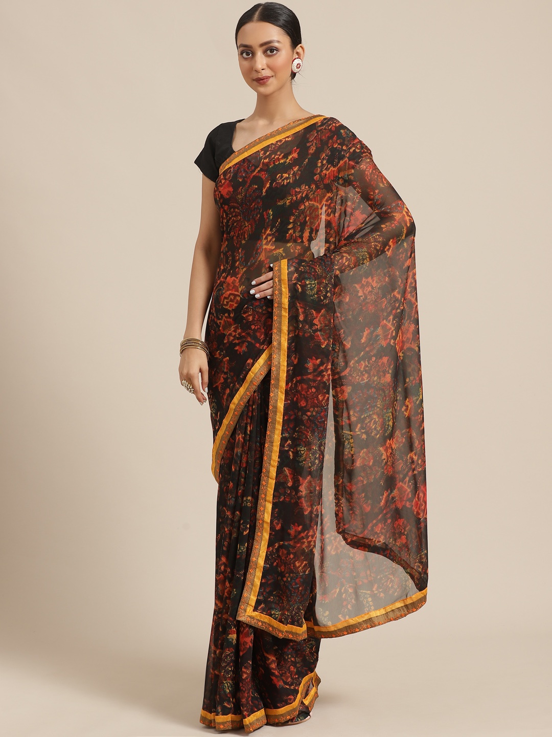 

Mitera Black & Orange Printed Saree