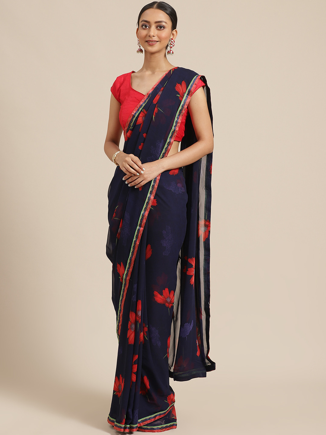 

Mitera Navy Blue & Red Floral Printed Saree