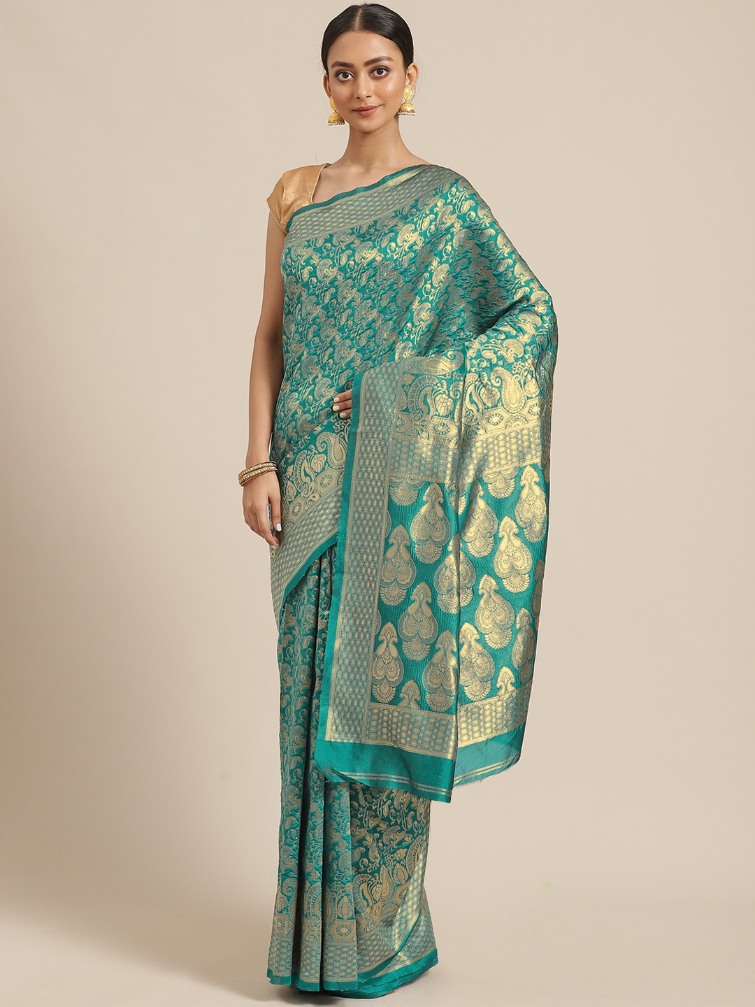 

KALINI Teal Green & Golden Zari Woven Design Saree