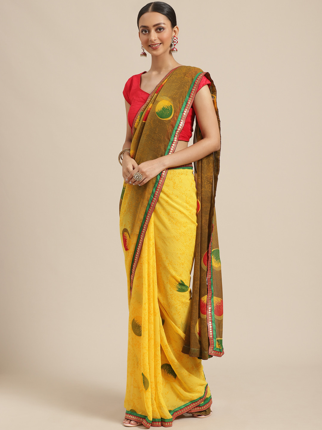 

Mitera Yellow & Olive Brown Half & Half Printed Saree