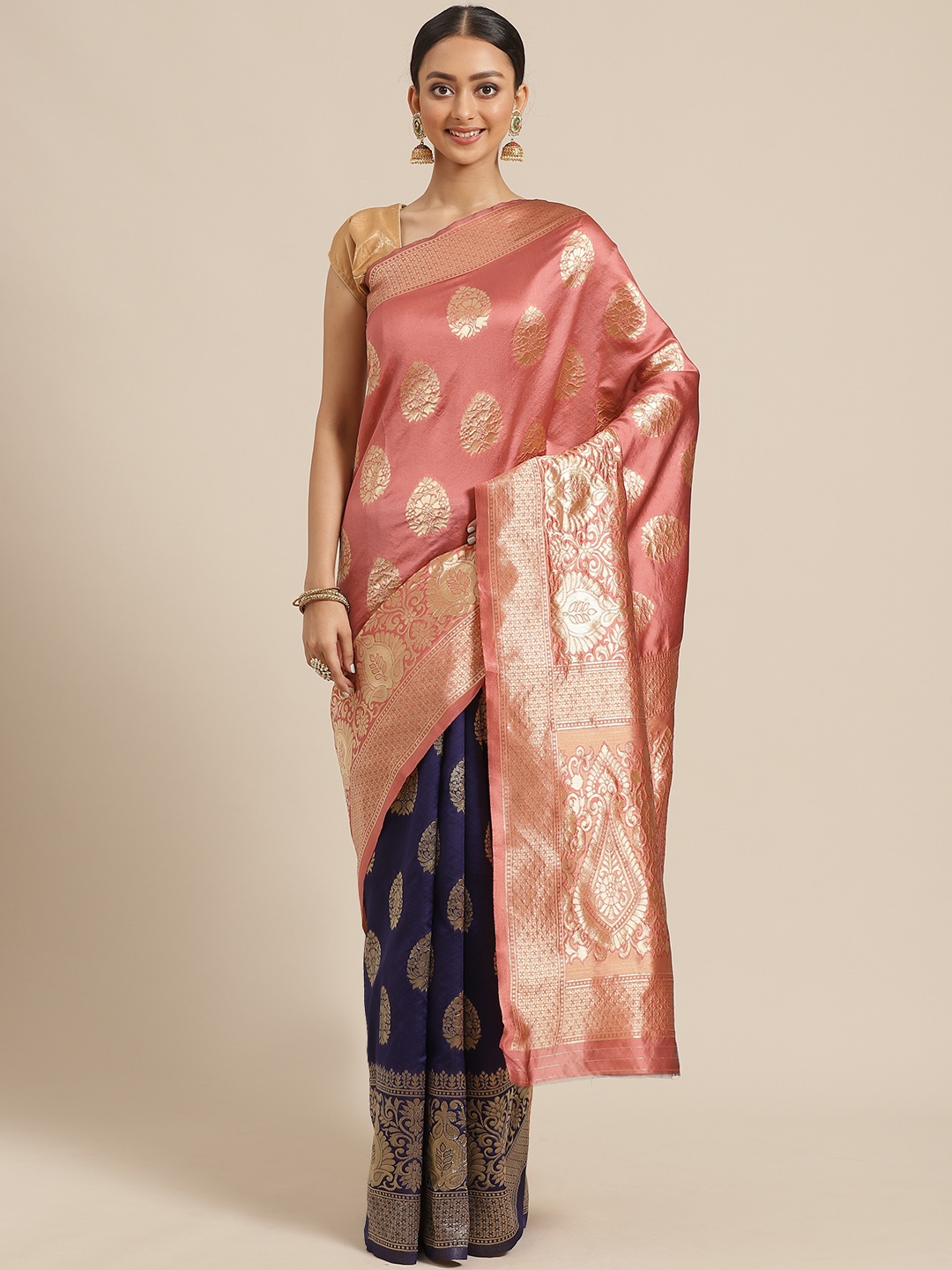 

KALINI Navy Blue & Peach-Coloured Half & Half Zari Woven Design Saree