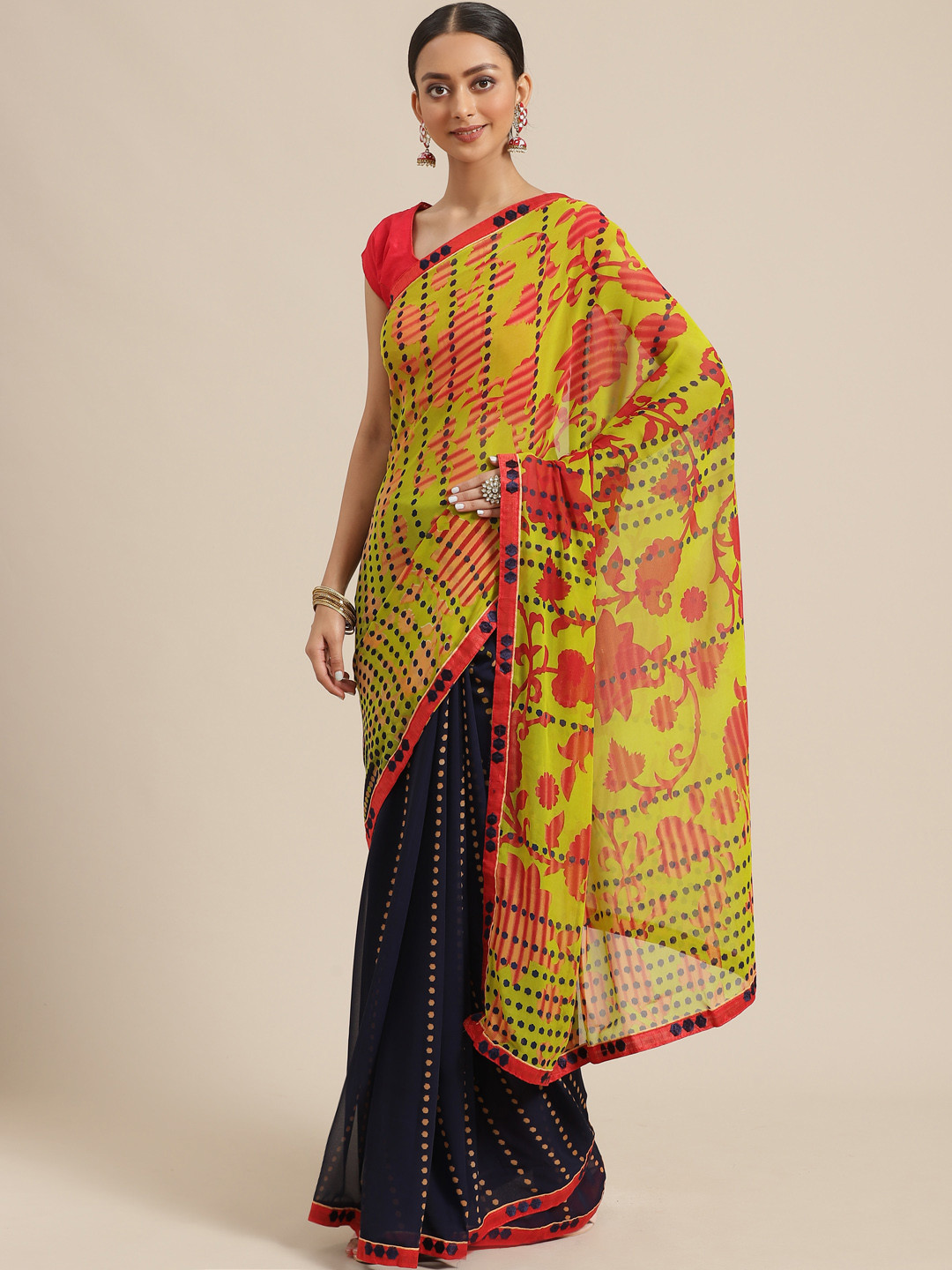 

Mitera Navy Blue & Green Half & Half Printed Saree