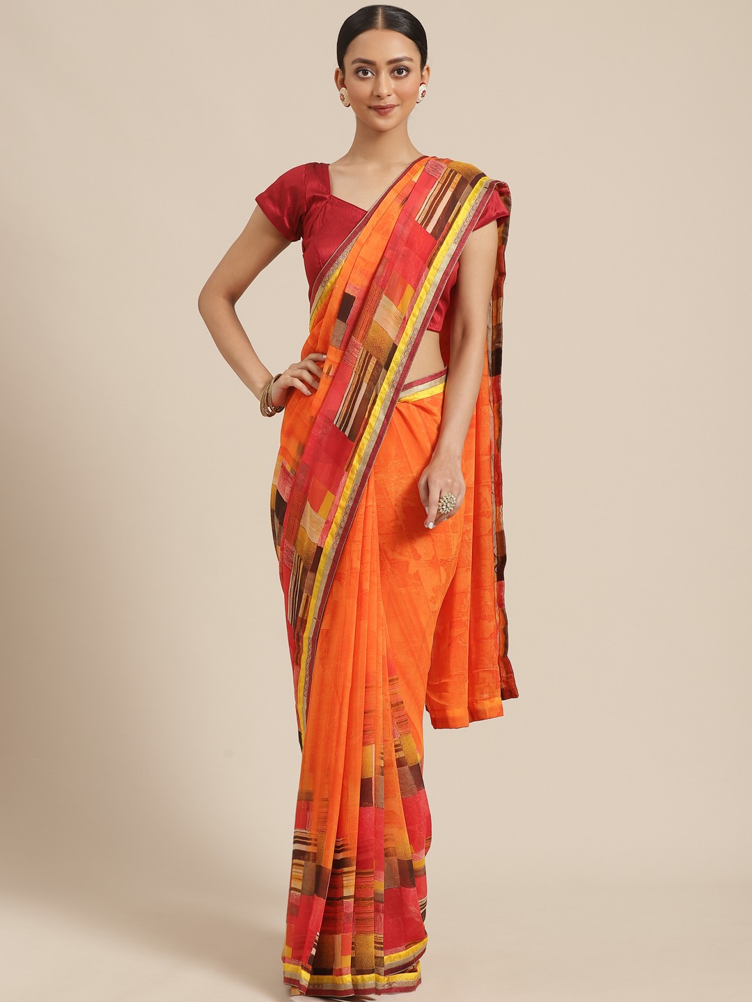 

Mitera Orange & Pink Printed Saree