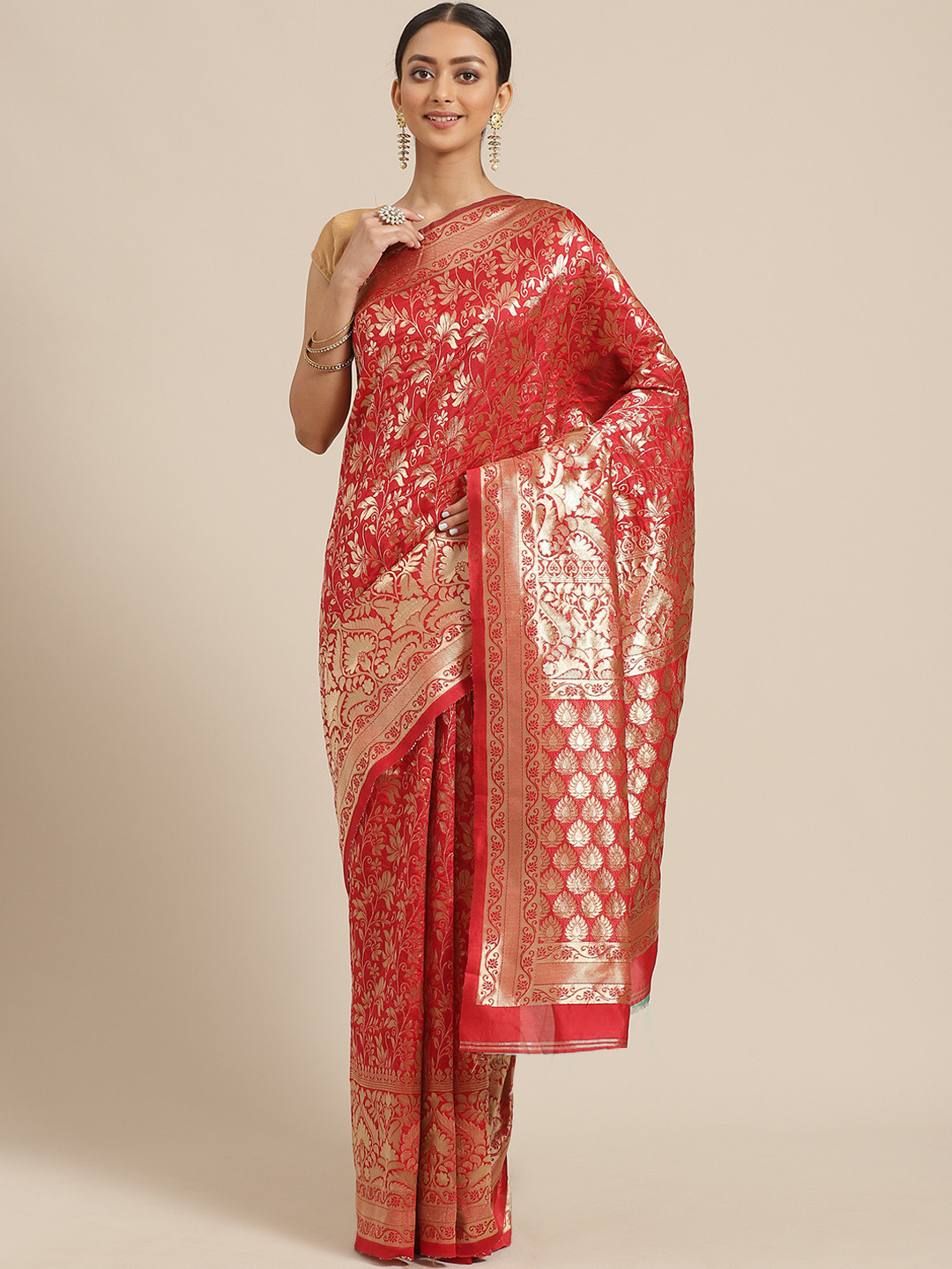 

KALINI Red & Golden Zari Woven Design Saree