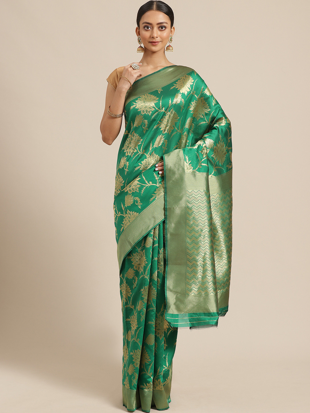 

Mitera Green & Golden Zari Woven Design Saree