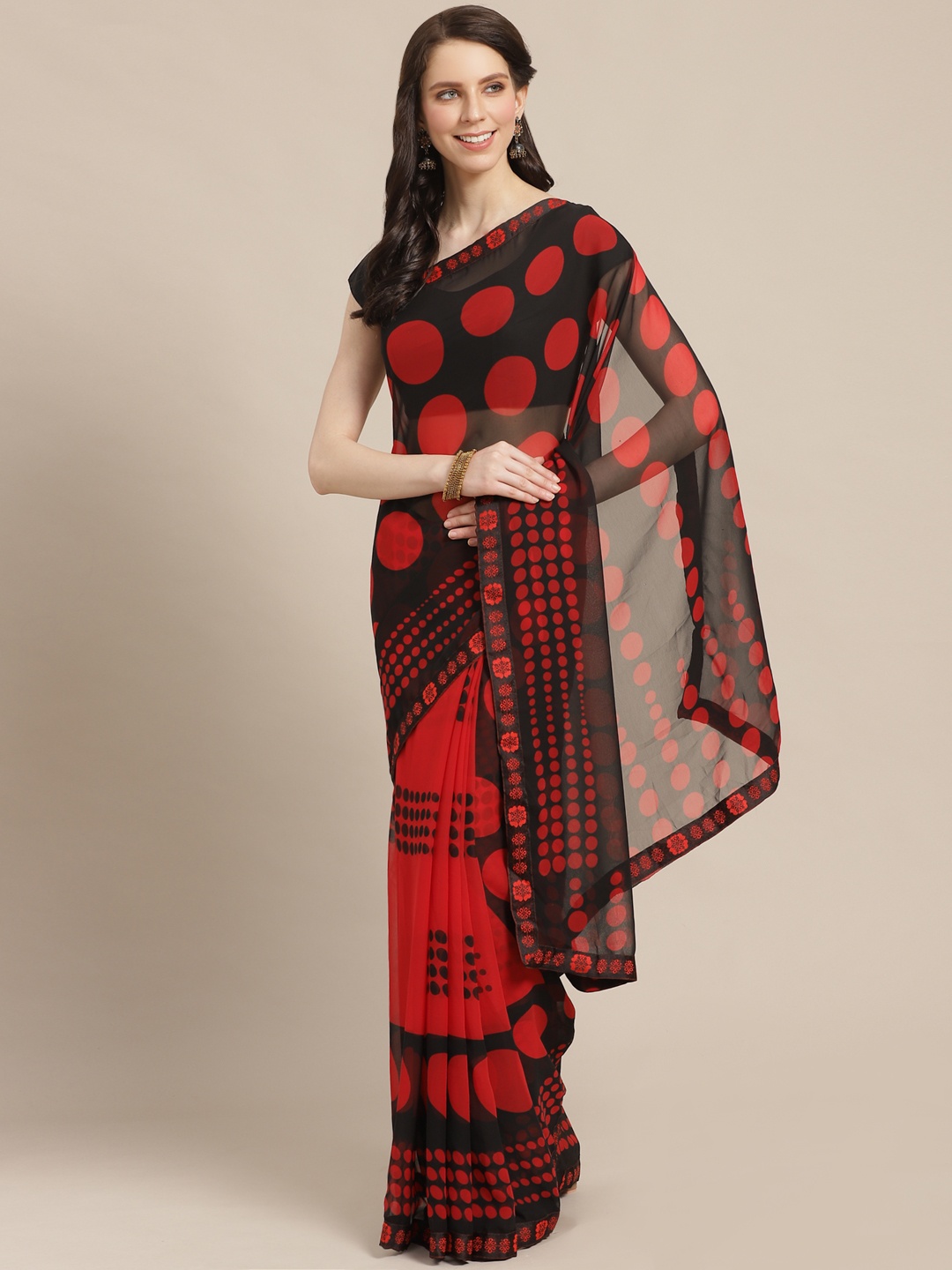 

KALINI Black & Red Polka Dots Print Saree