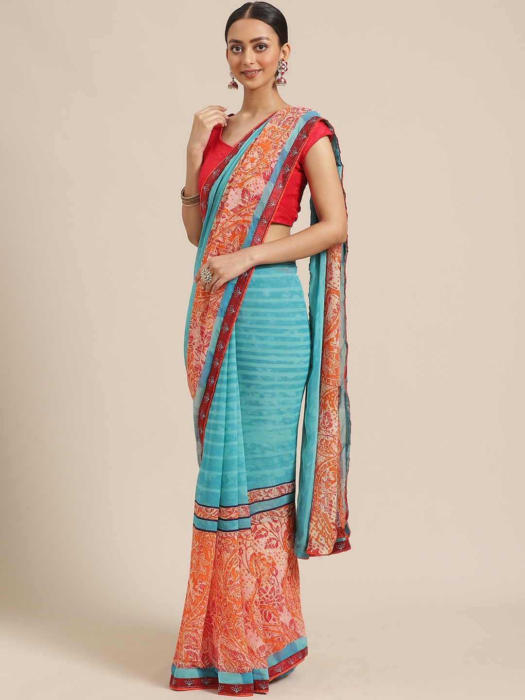 

Mitera Blue & Peach-Coloured Printed Saree