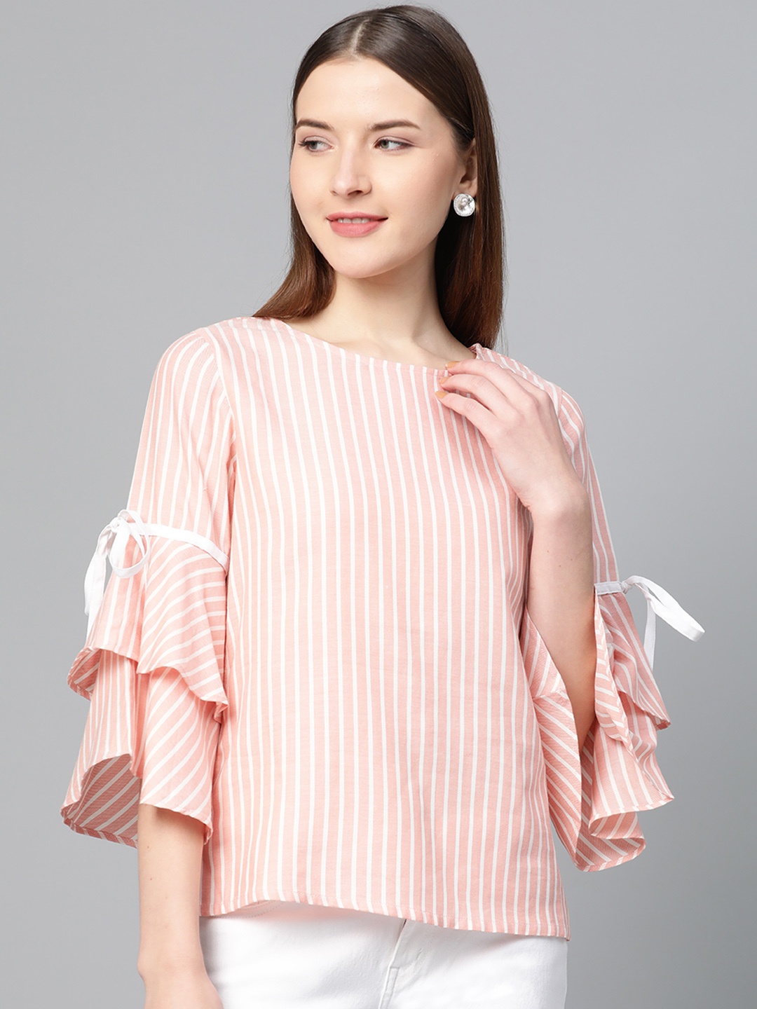 

RUNWAYIN Women Peach-Coloured & White Striped Pure Cotton Top