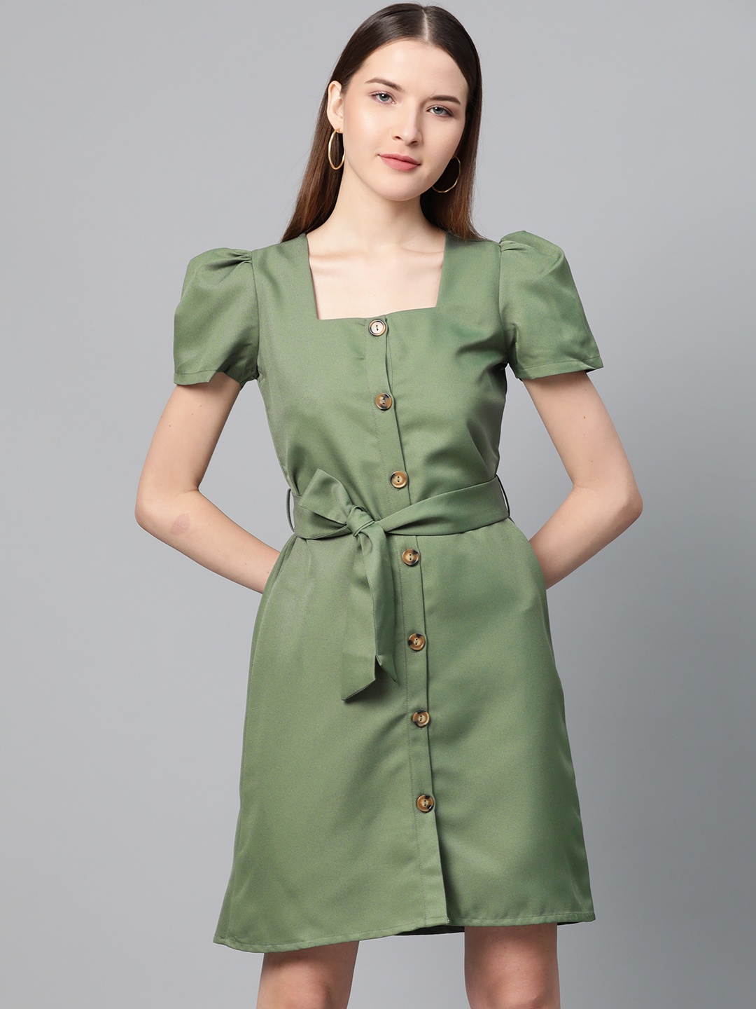 

RUNWAYIN Women Olive Green Solid A-Line Dress
