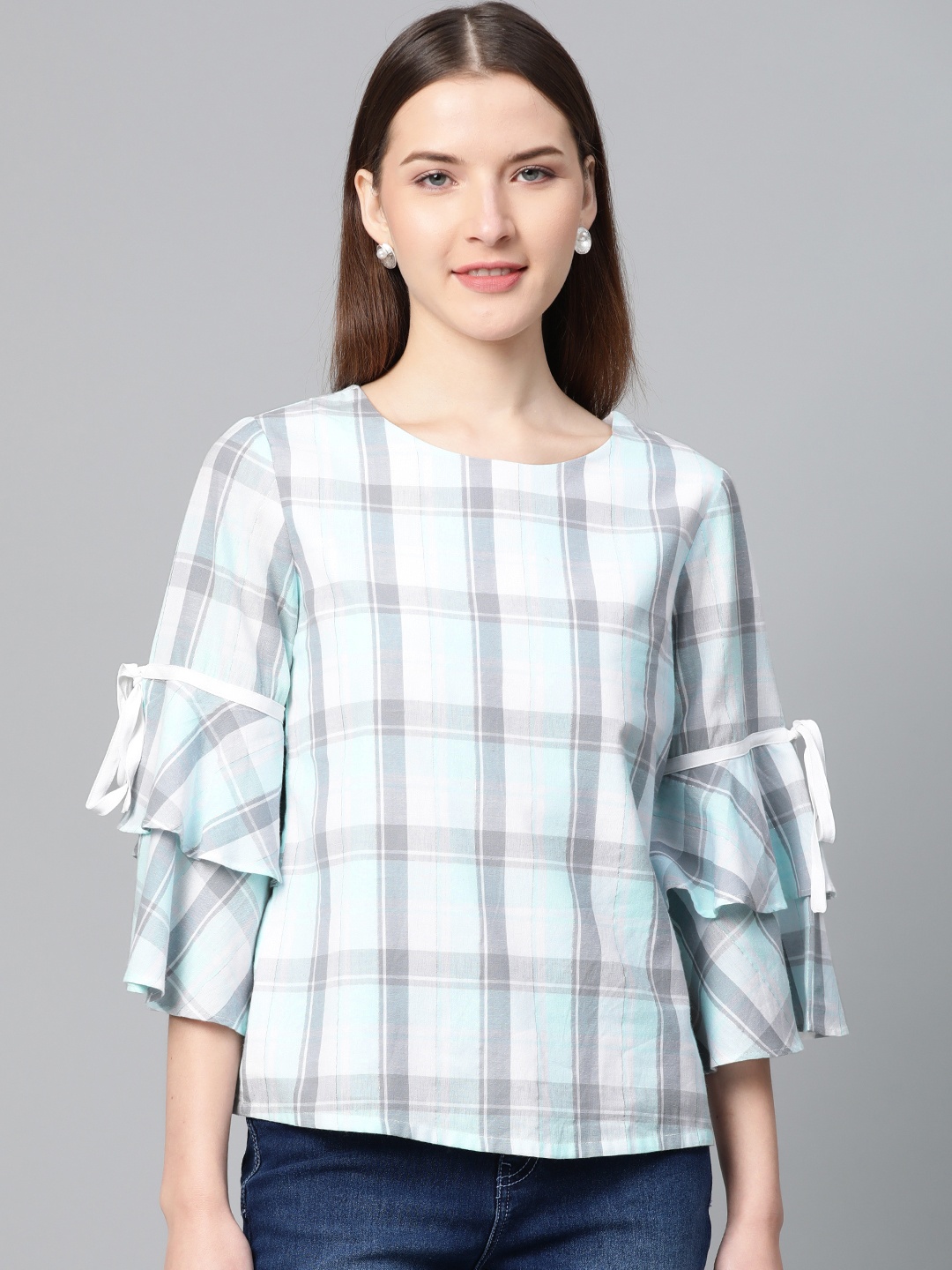 

RUNWAYIN Women Sea Green & Grey Checked Pure Cotton Top